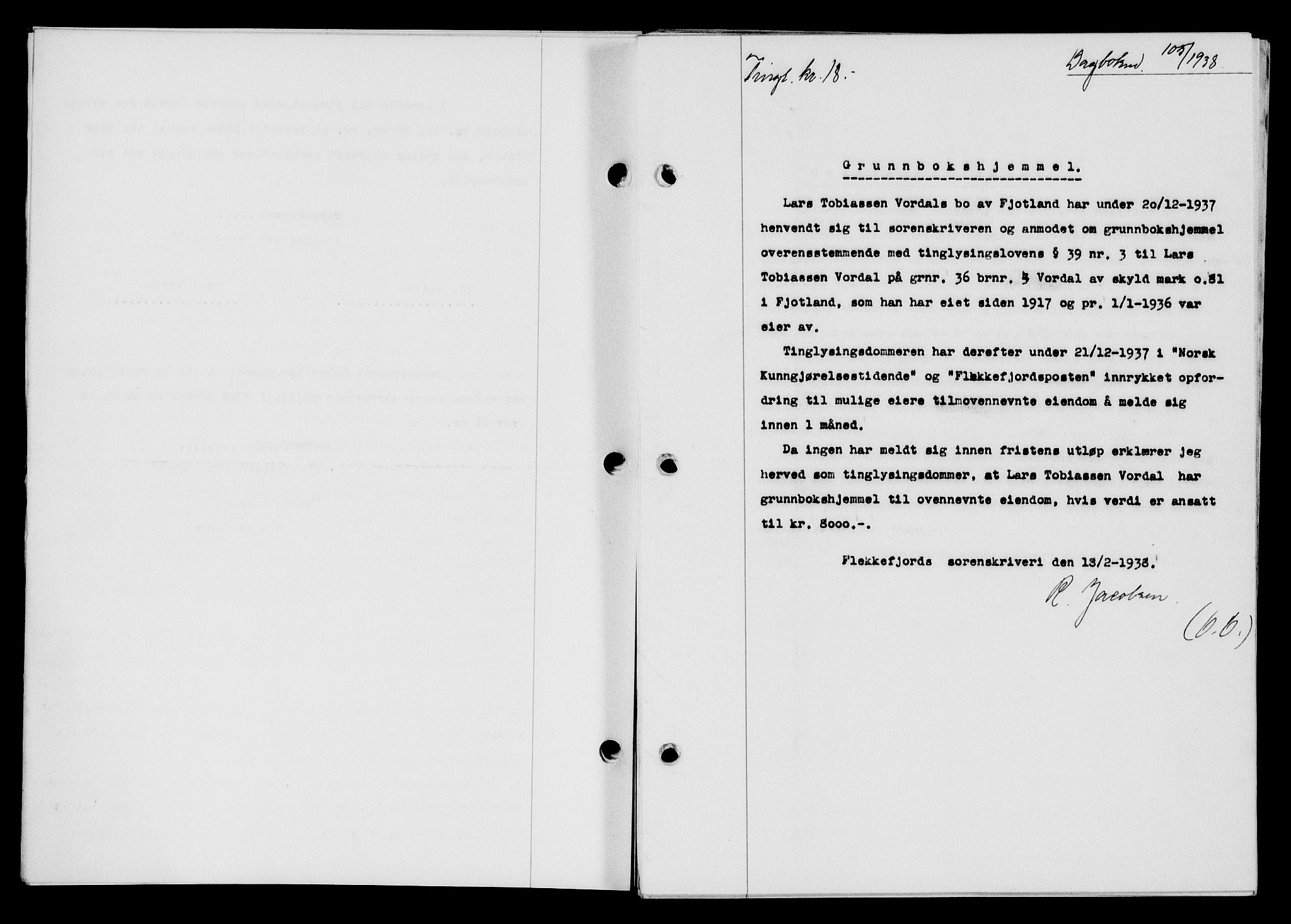 Flekkefjord sorenskriveri, AV/SAK-1221-0001/G/Gb/Gba/L0054: Mortgage book no. A-2, 1937-1938, Diary no: : 105/1938