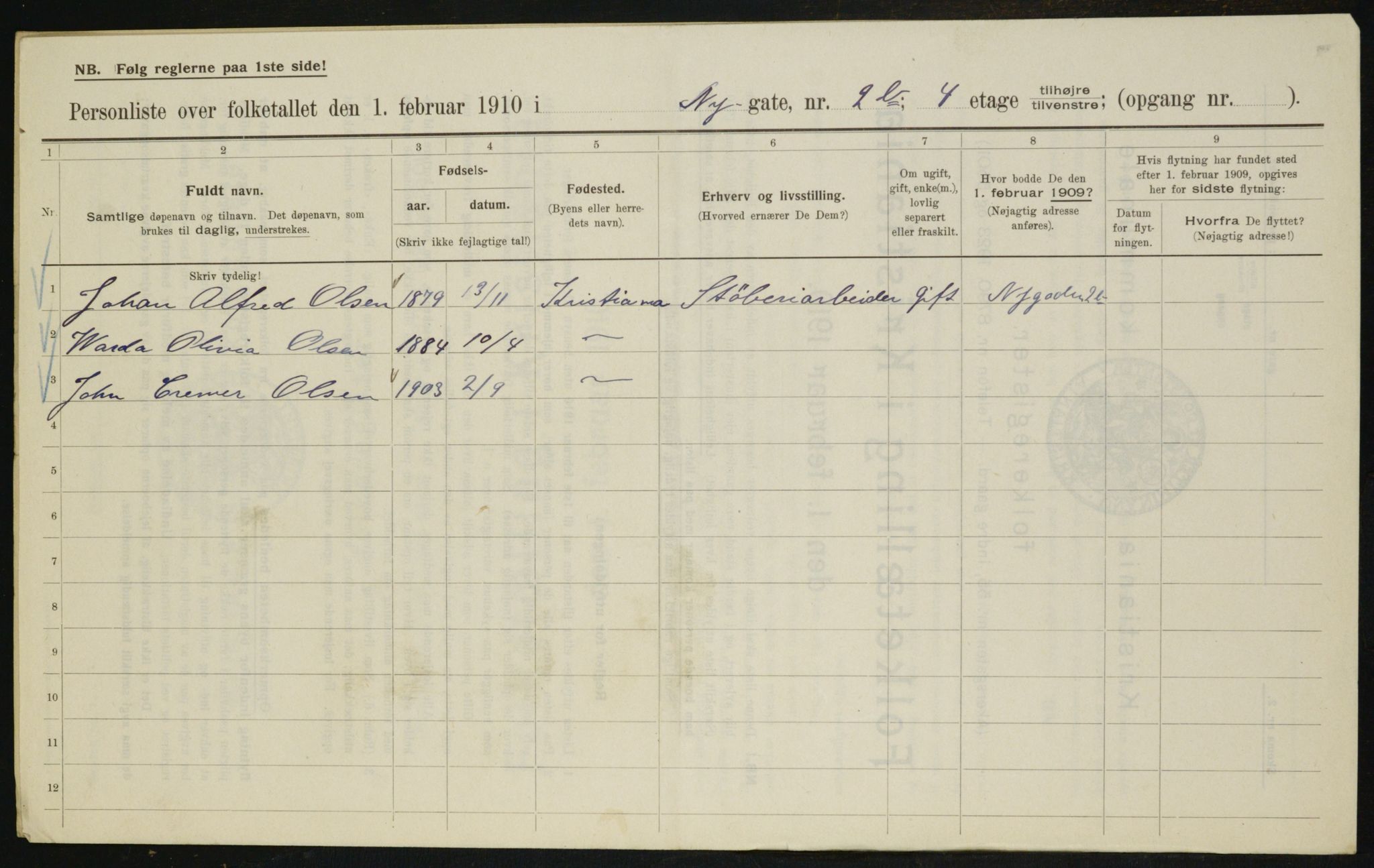 OBA, Municipal Census 1910 for Kristiania, 1910, p. 71383