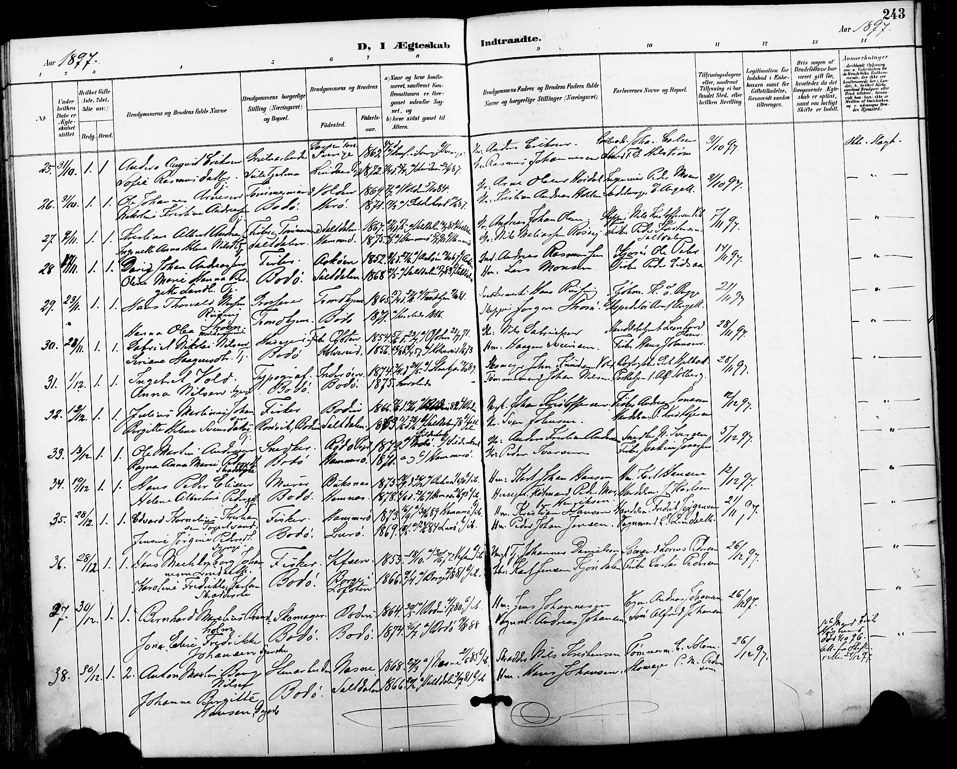 Ministerialprotokoller, klokkerbøker og fødselsregistre - Nordland, AV/SAT-A-1459/801/L0010: Parish register (official) no. 801A10, 1888-1899, p. 243