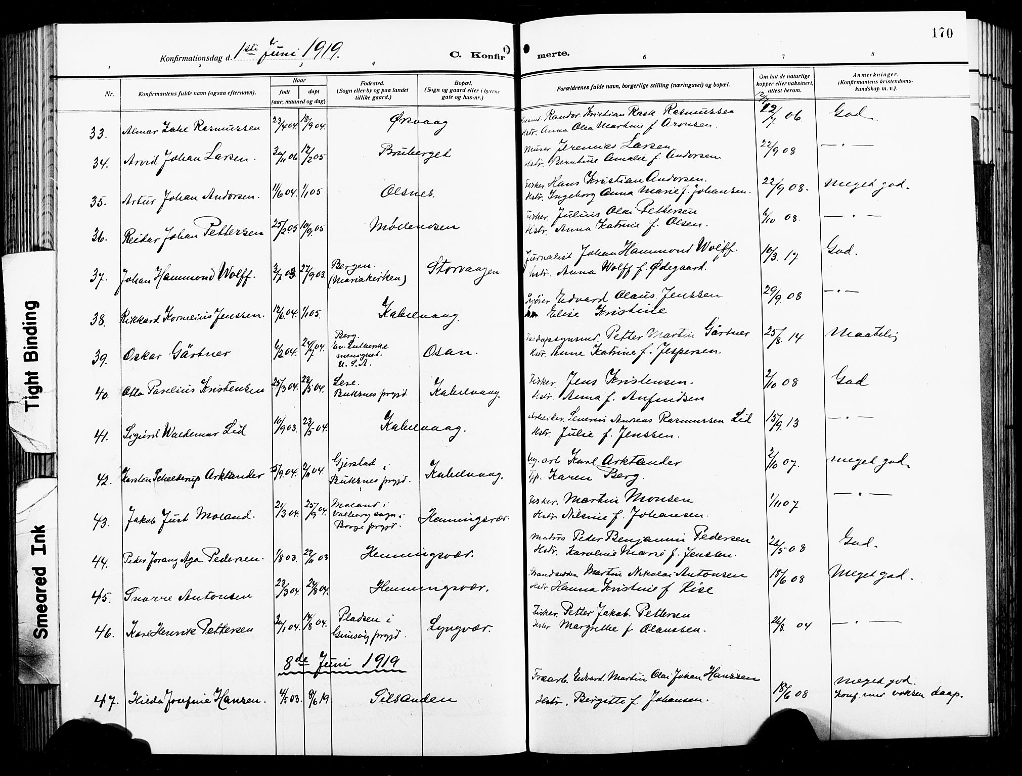 Ministerialprotokoller, klokkerbøker og fødselsregistre - Nordland, AV/SAT-A-1459/874/L1080: Parish register (copy) no. 874C09, 1915-1925, p. 170