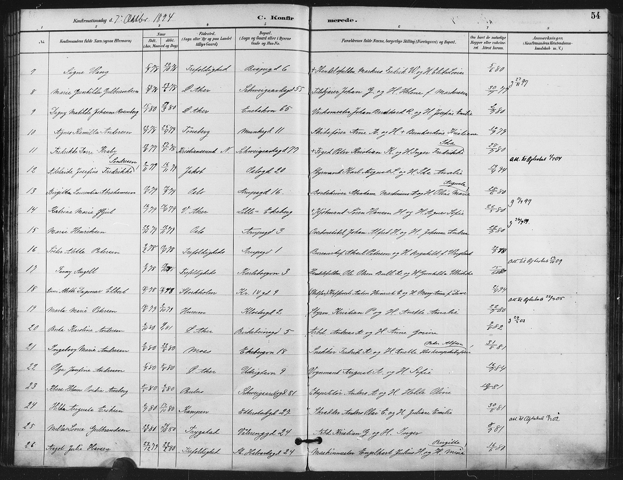 Gamlebyen prestekontor Kirkebøker, AV/SAO-A-10884/F/Fa/L0008: Parish register (official) no. 8, 1891-1908, p. 54