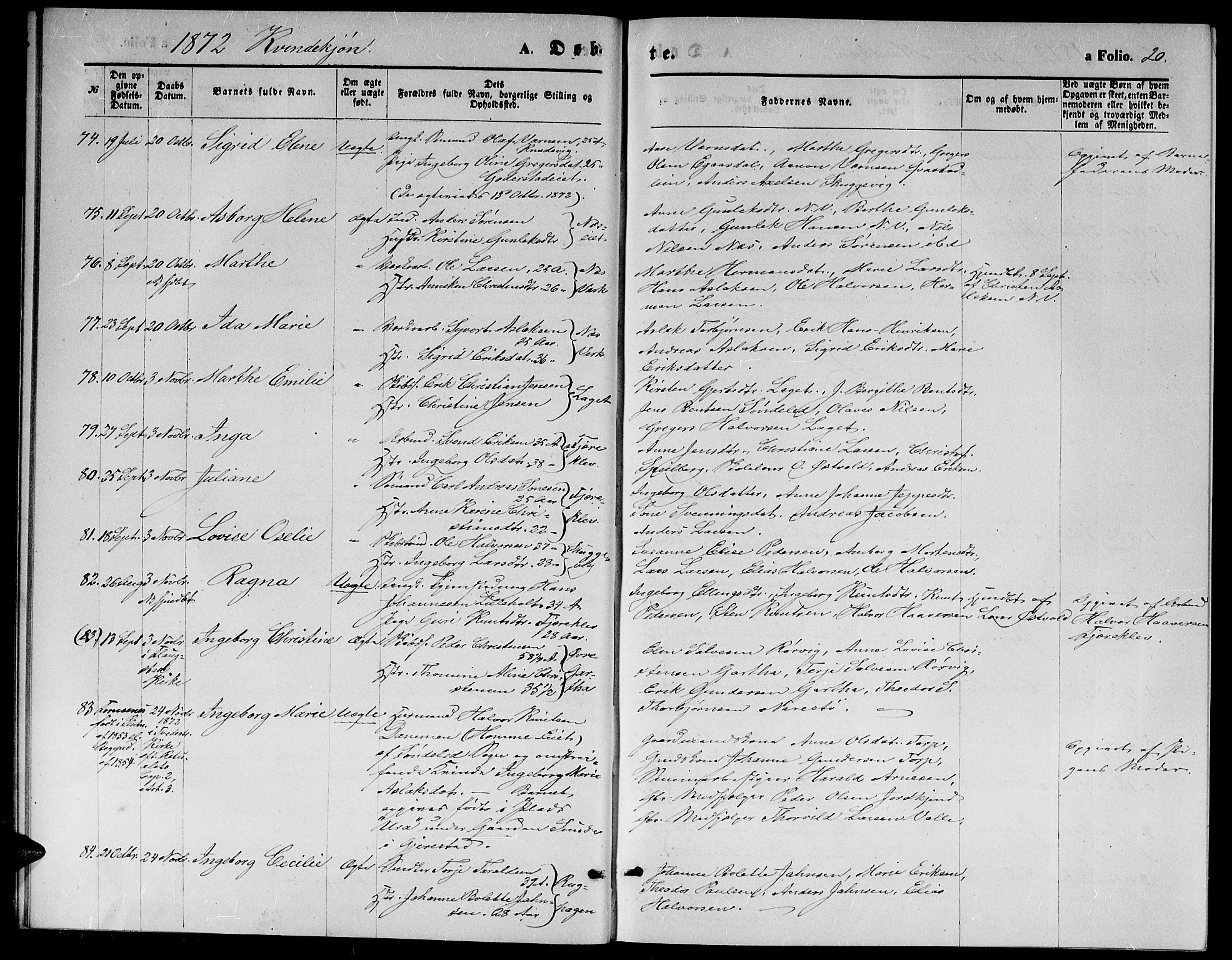 Holt sokneprestkontor, AV/SAK-1111-0021/F/Fb/L0009: Parish register (copy) no. B 9, 1871-1883, p. 20