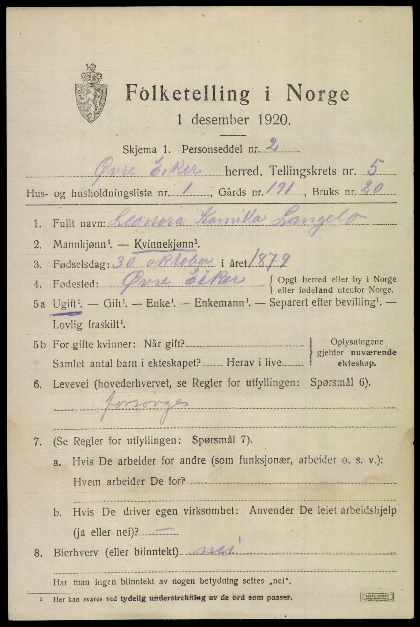 SAKO, 1920 census for Øvre Eiker, 1920, p. 12030