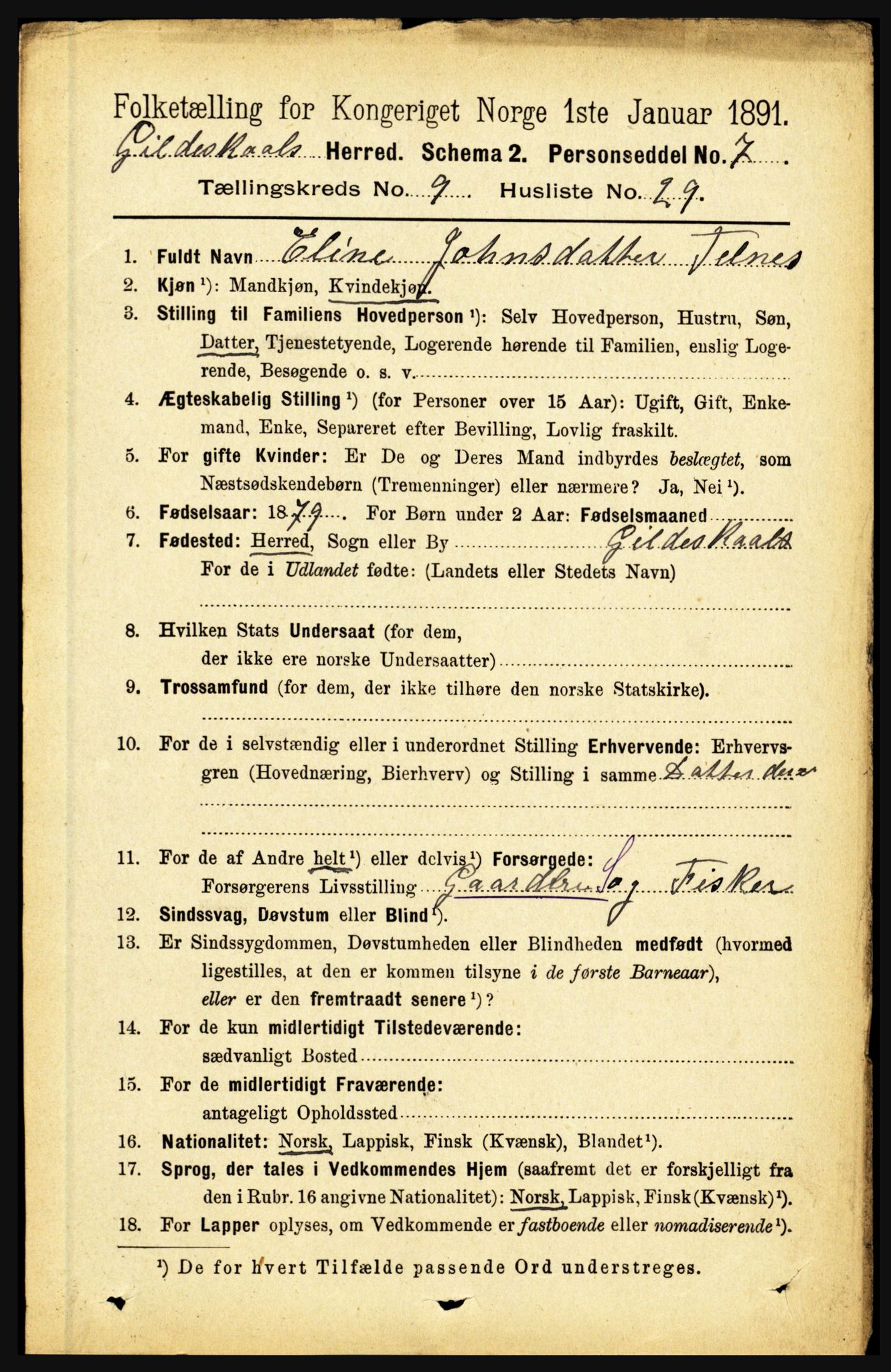 RA, 1891 census for 1838 Gildeskål, 1891, p. 2893