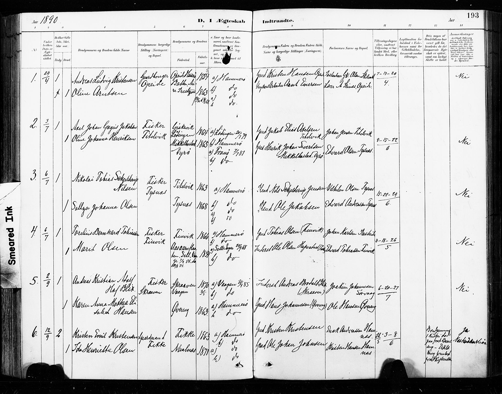 Ministerialprotokoller, klokkerbøker og fødselsregistre - Nordland, SAT/A-1459/859/L0847: Parish register (official) no. 859A07, 1890-1899, p. 193