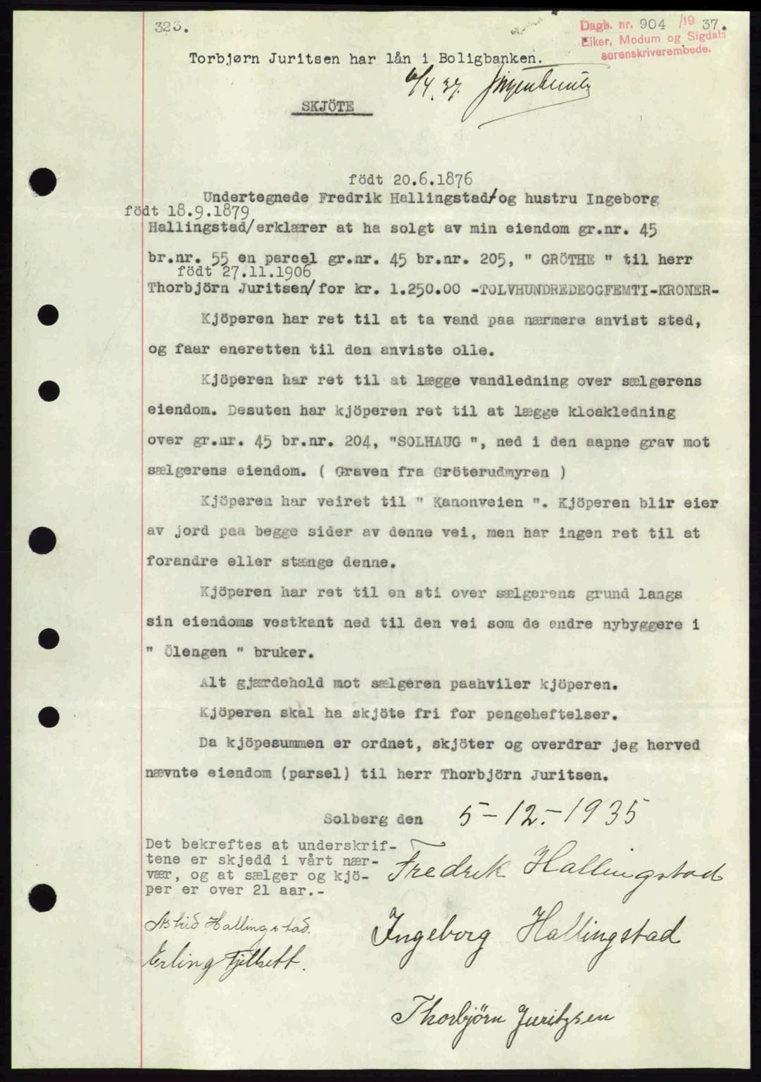 Eiker, Modum og Sigdal sorenskriveri, SAKO/A-123/G/Ga/Gab/L0035: Mortgage book no. A5, 1937-1937, Diary no: : 904/1937