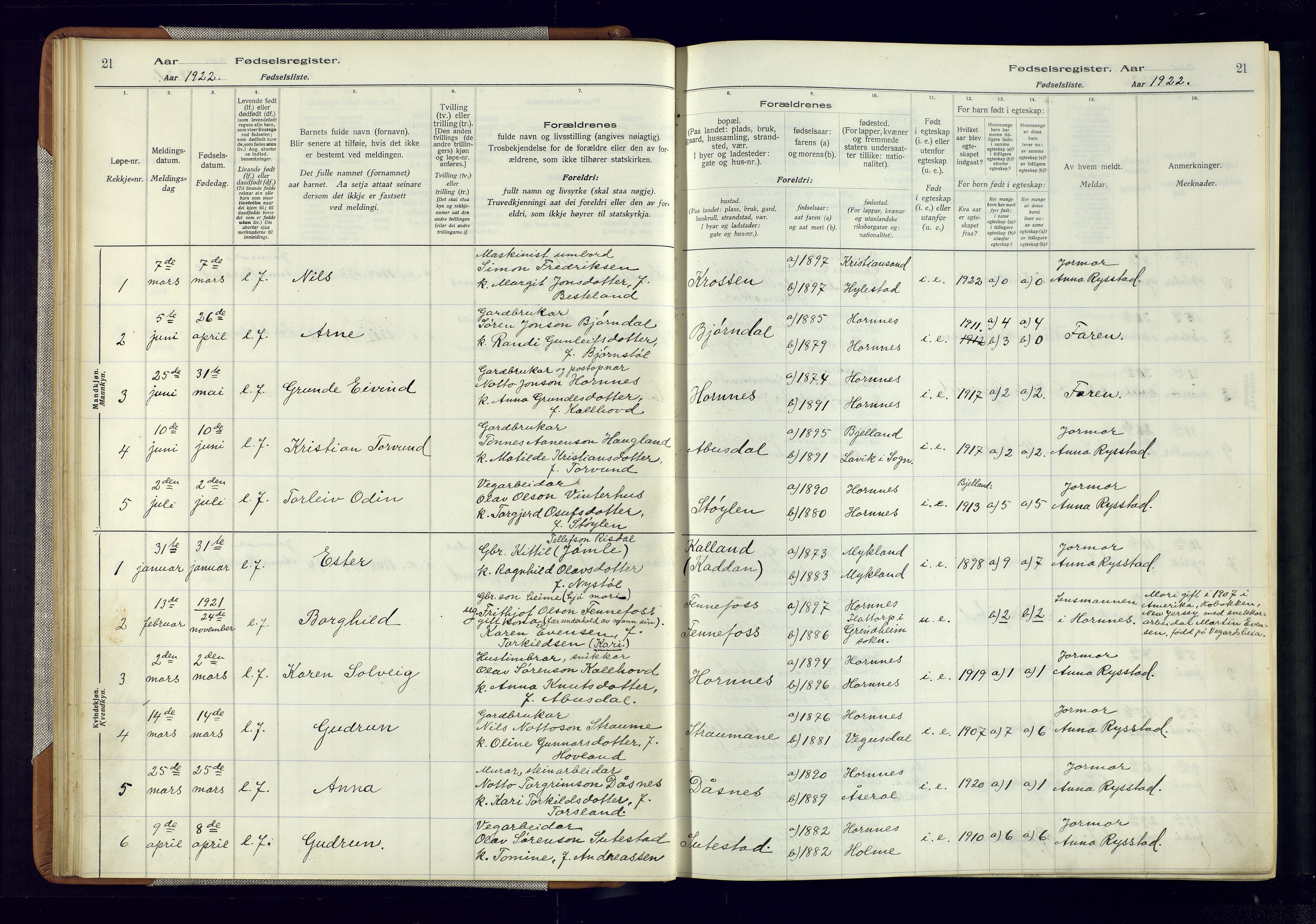 Evje sokneprestkontor, AV/SAK-1111-0008/J/Jc/L0006: Birth register no. 6, 1916-1982, p. 21