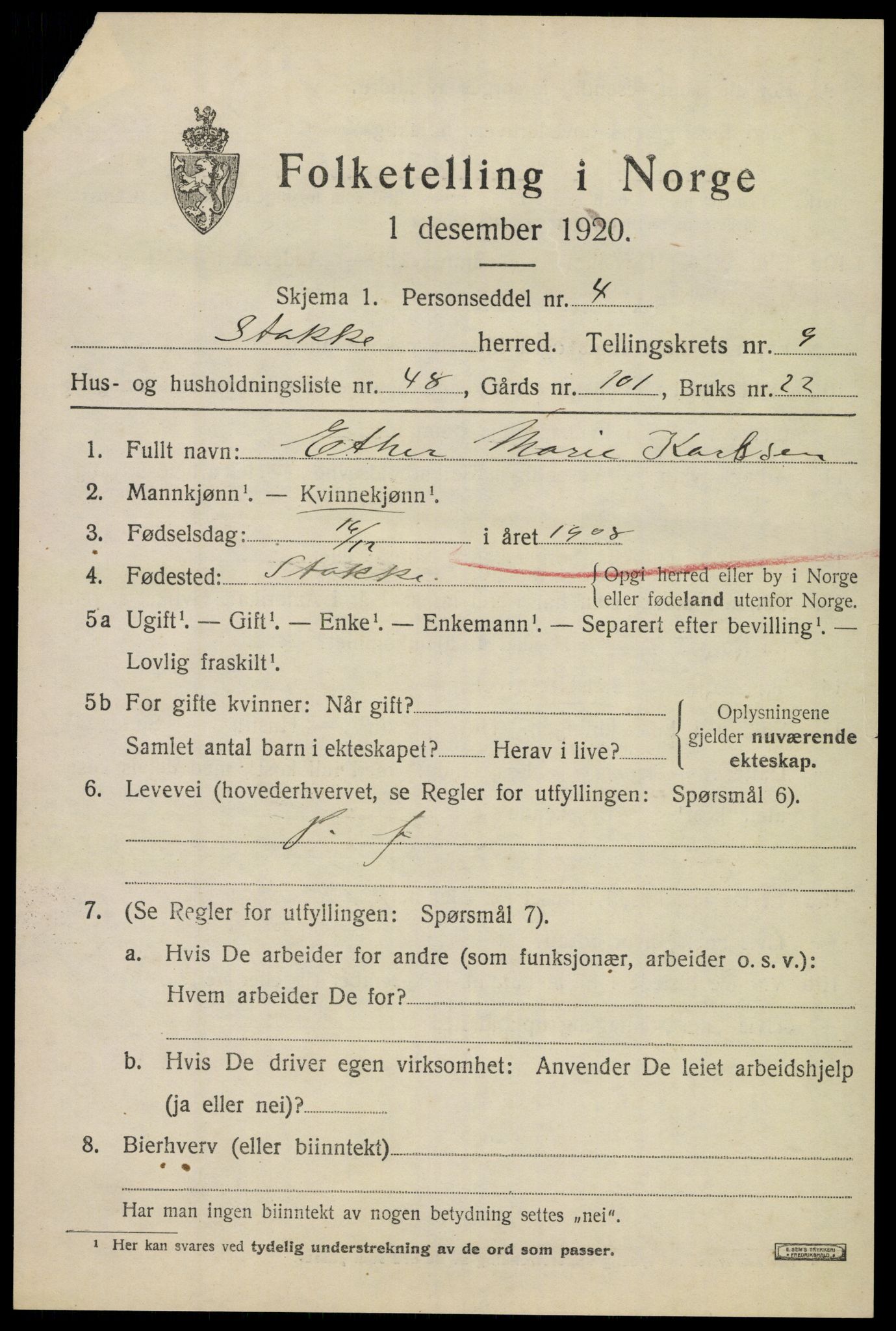 SAKO, 1920 census for Stokke, 1920, p. 10938