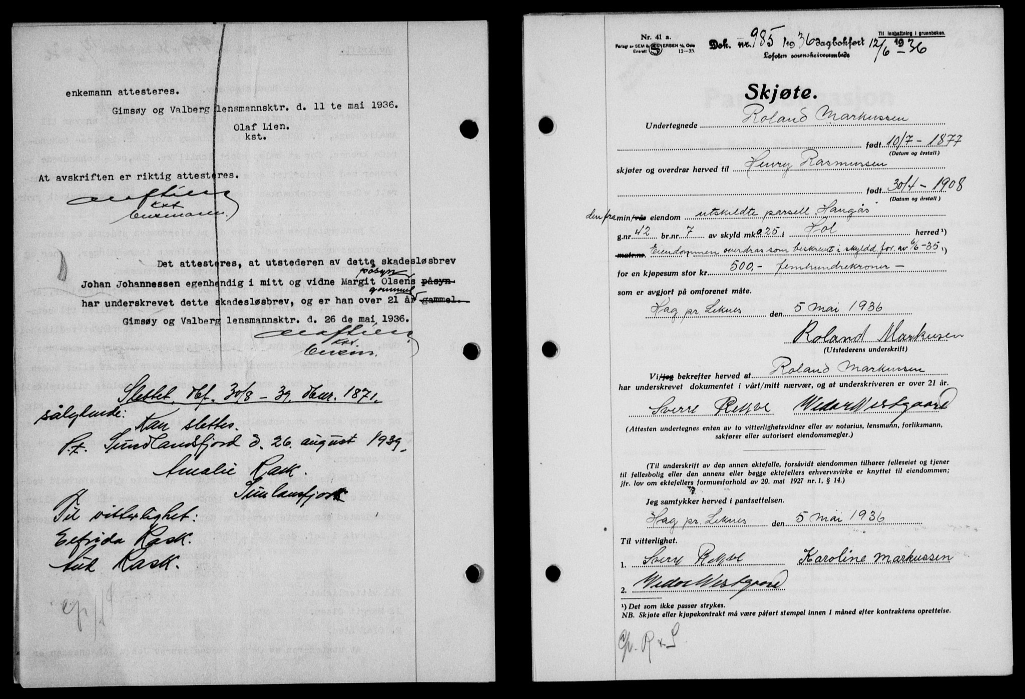 Lofoten sorenskriveri, SAT/A-0017/1/2/2C/L0033b: Mortgage book no. 33b, 1936-1936, Diary no: : 985/1936
