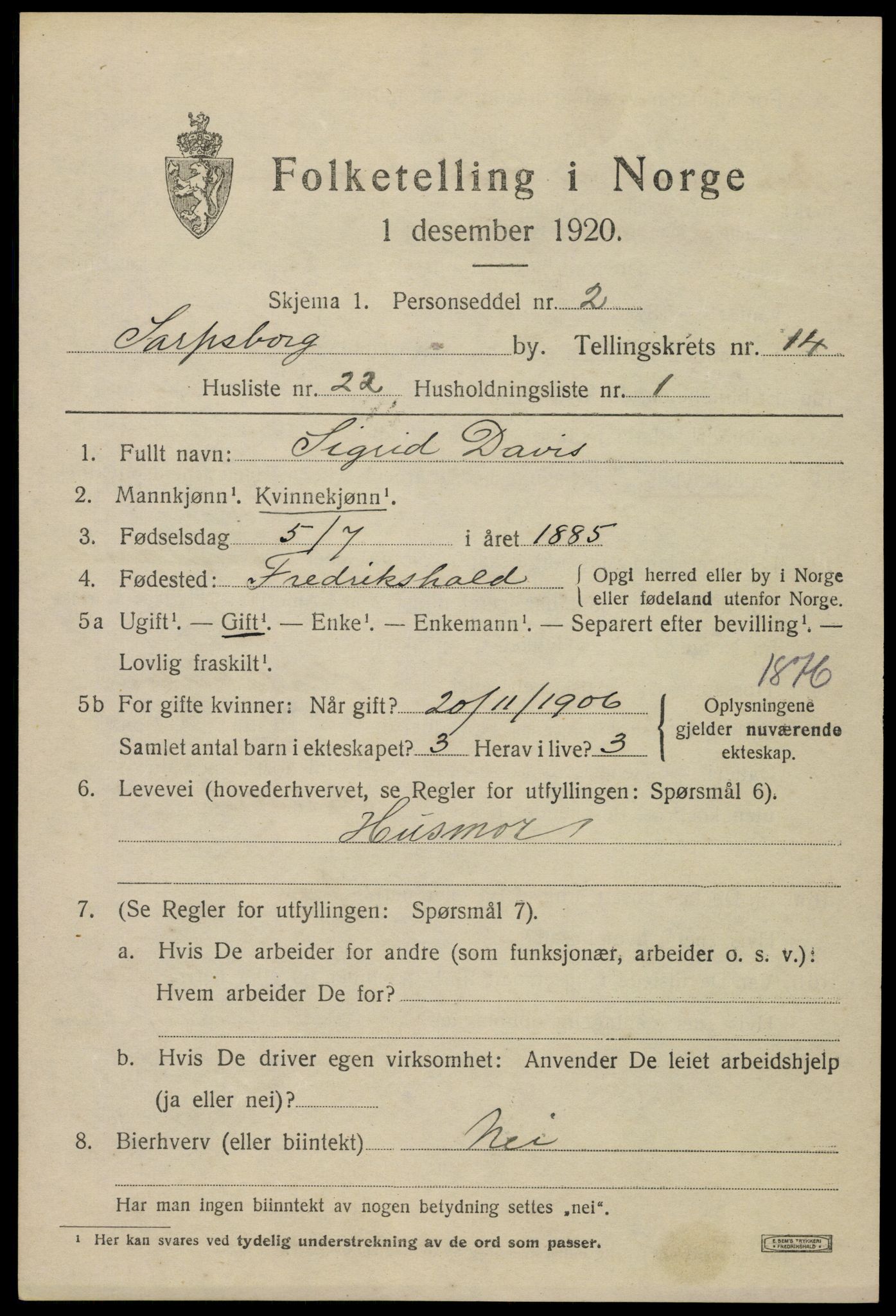 SAO, 1920 census for Sarpsborg, 1920, p. 28754