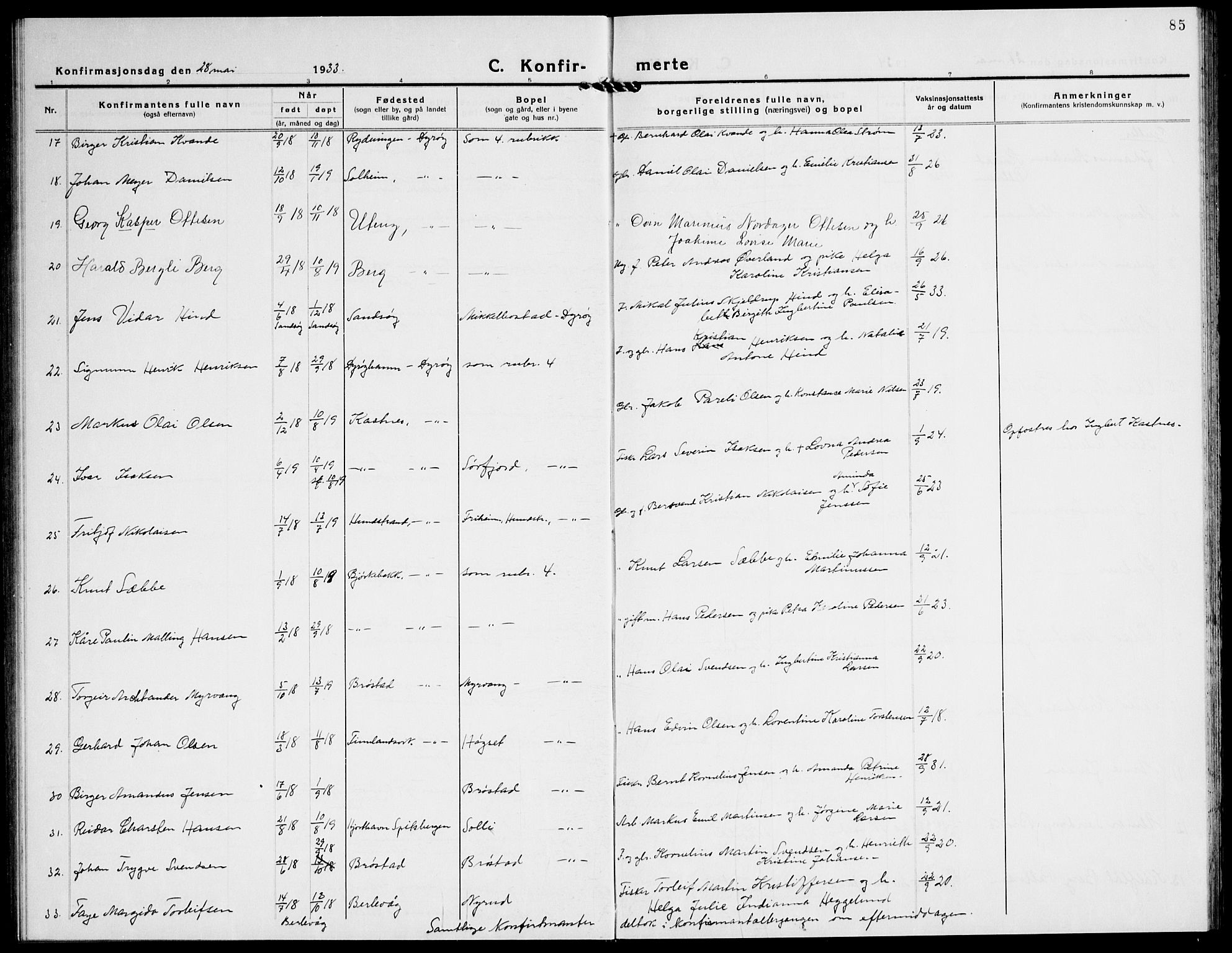 Tranøy sokneprestkontor, AV/SATØ-S-1313/I/Ia/Iab/L0016klokker: Parish register (copy) no. 16, 1930-1945, p. 85