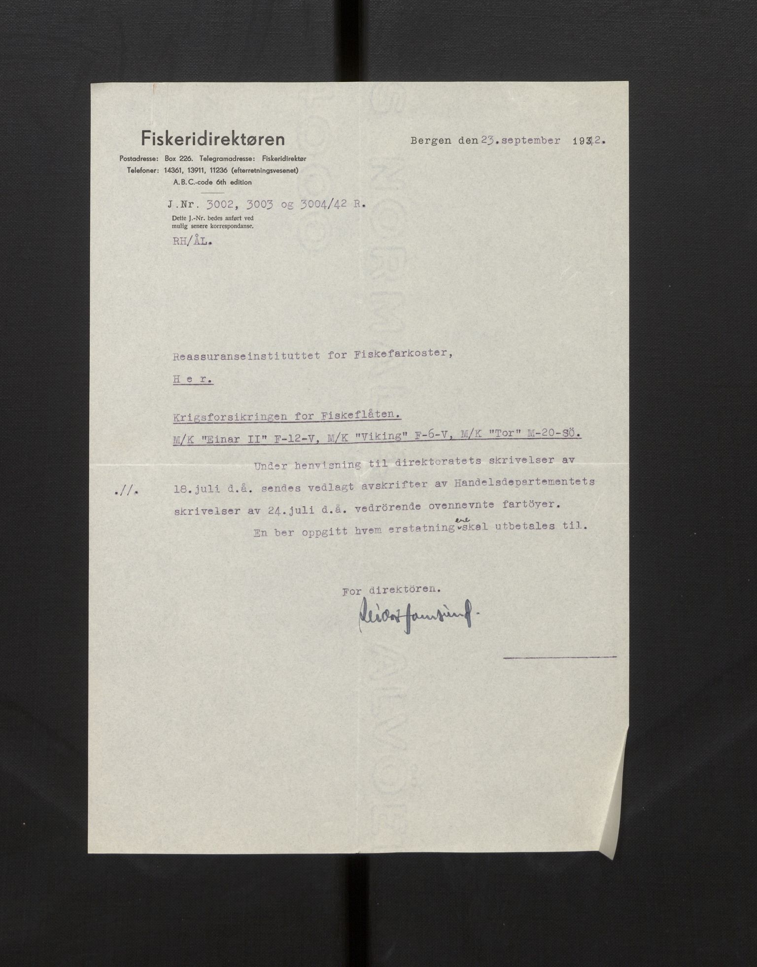 Fiskeridirektoratet - 1 Adm. ledelse - 13 Båtkontoret, AV/SAB-A-2003/La/L0058: Statens krigsforsikring for fiskeflåten, 1936-1971, p. 10