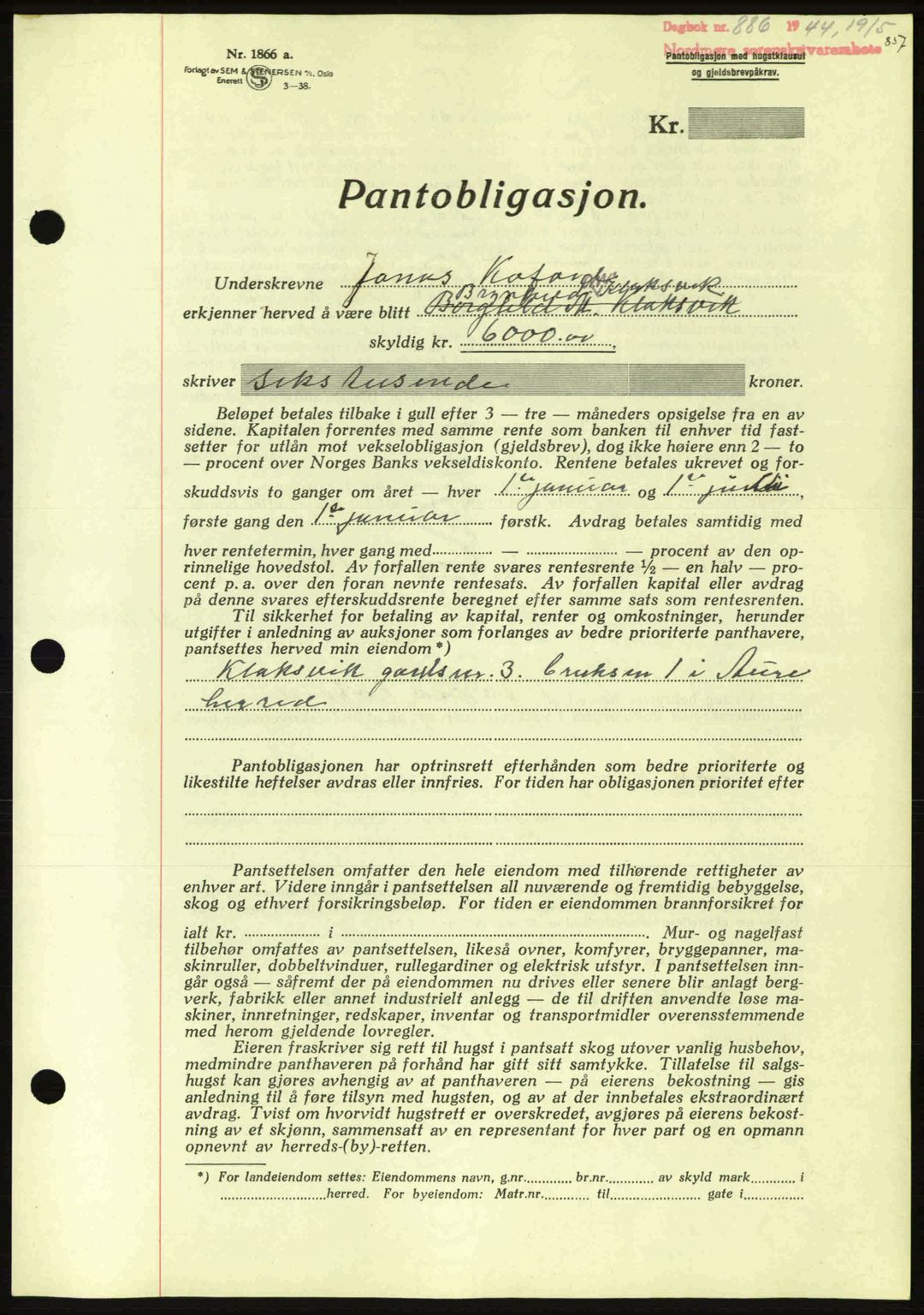 Nordmøre sorenskriveri, AV/SAT-A-4132/1/2/2Ca: Mortgage book no. B91, 1943-1944, Diary no: : 886/1944