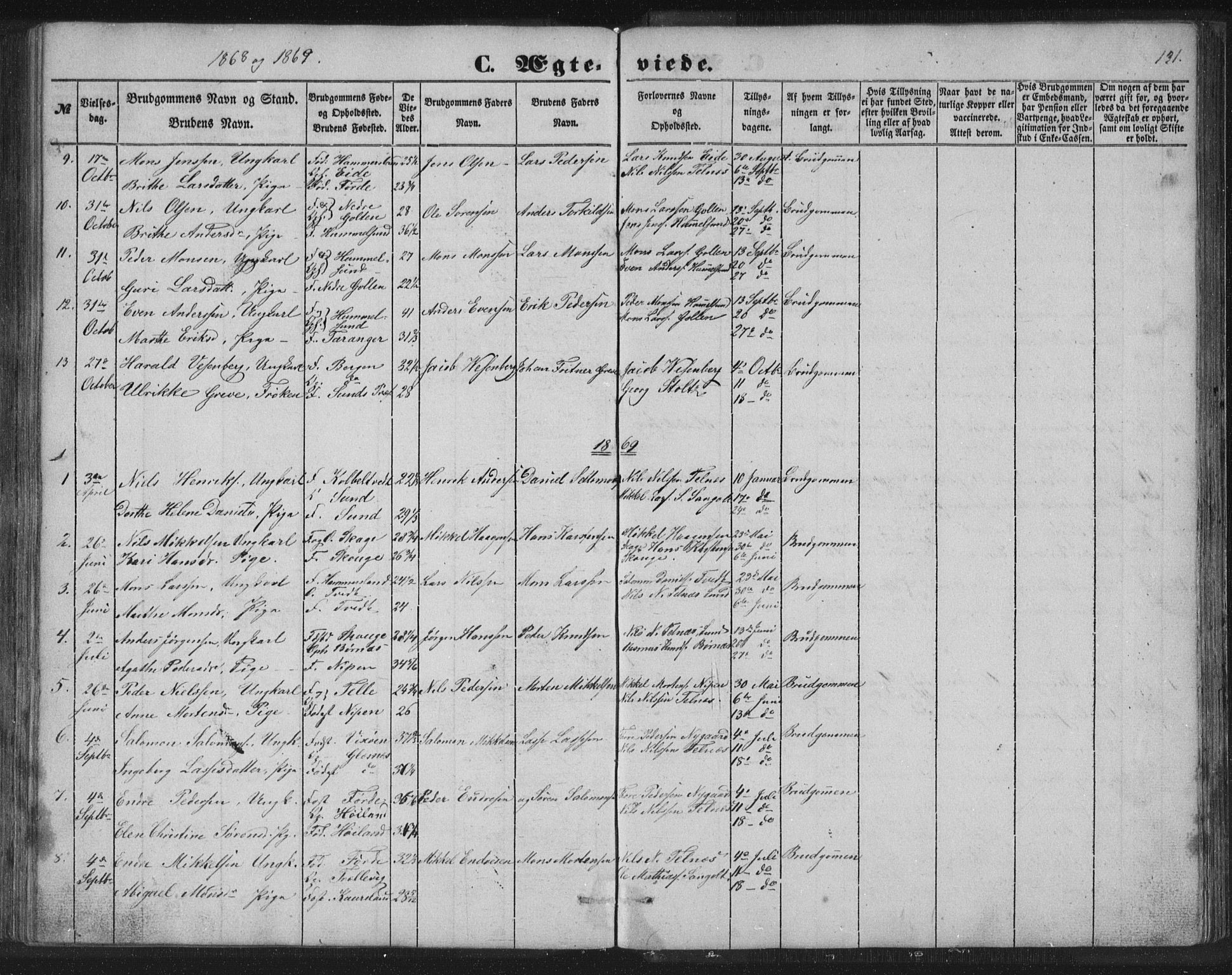Sund sokneprestembete, SAB/A-99930: Parish register (copy) no. B 1, 1852-1873, p. 131
