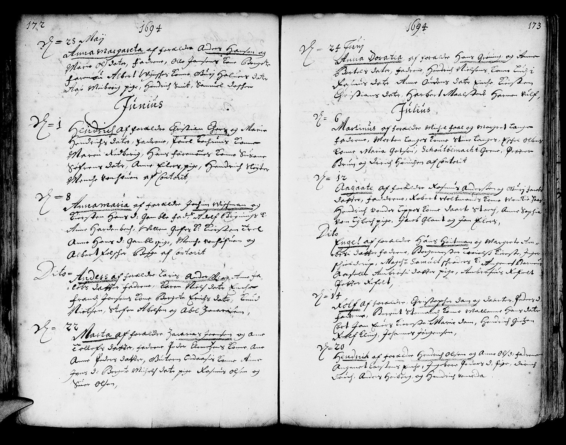 Korskirken sokneprestembete, SAB/A-76101/H/Haa/L0002: Parish register (official) no. A 2, 1688-1697, p. 172-173