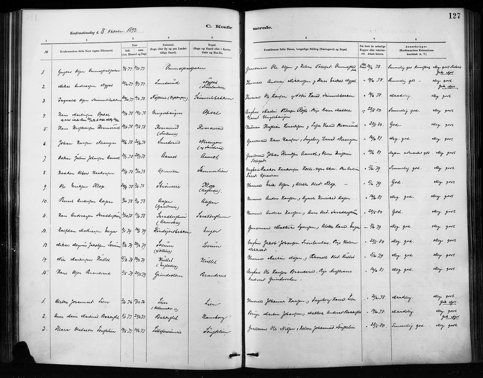 Nordre Land prestekontor, SAH/PREST-124/H/Ha/Haa/L0004: Parish register (official) no. 4, 1882-1896, p. 127