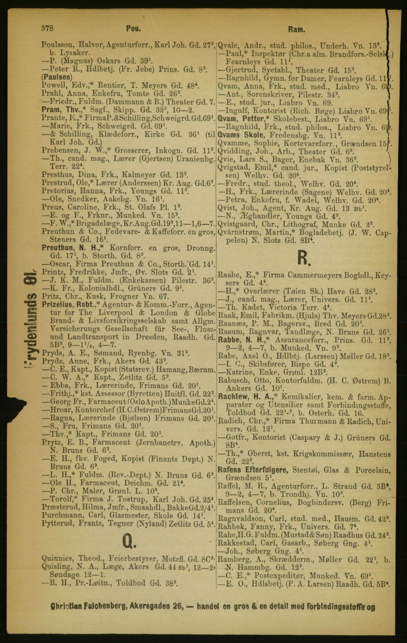 Kristiania/Oslo adressebok, PUBL/-, 1889, p. 378