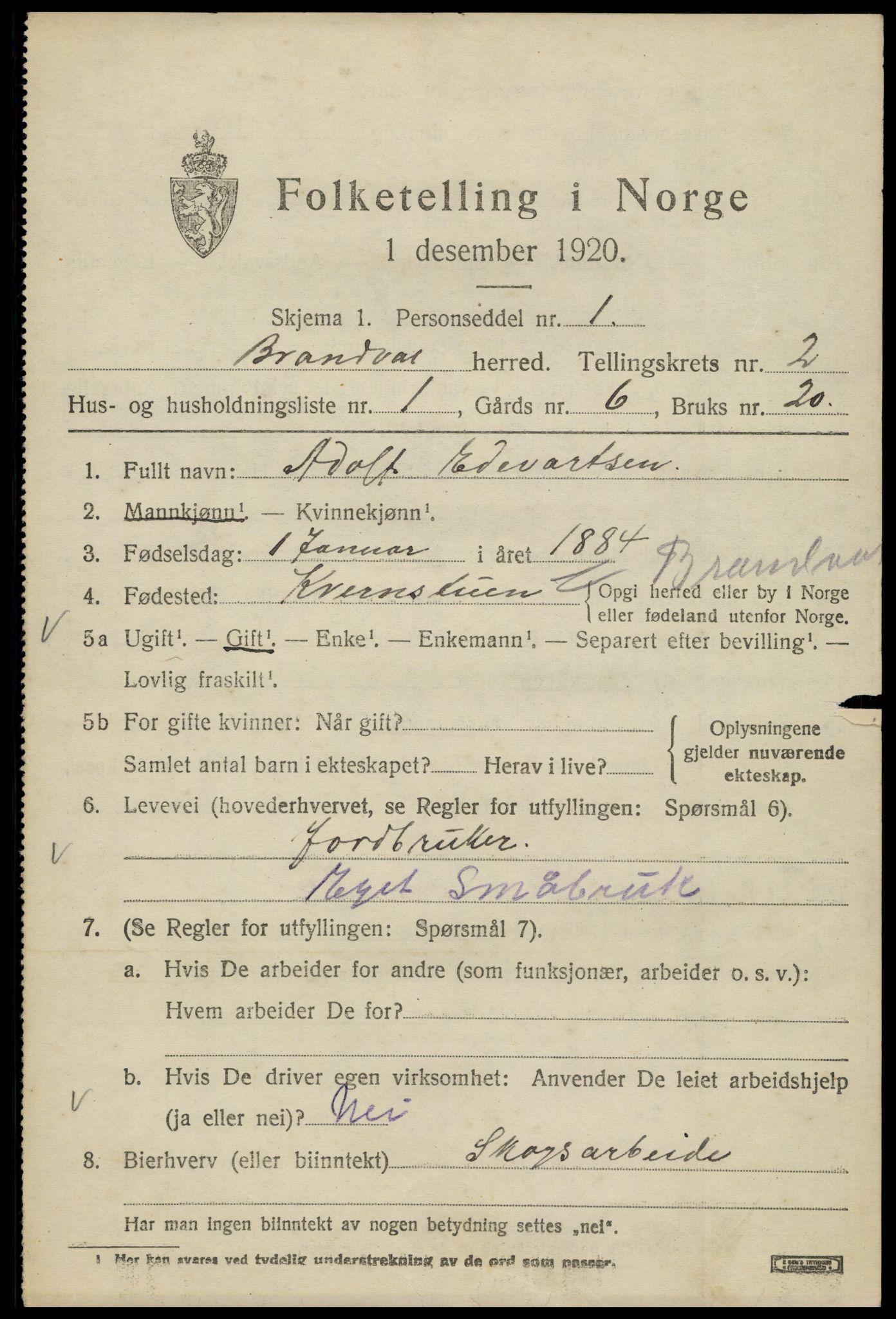 SAH, 1920 census for Brandval, 1920, p. 2126