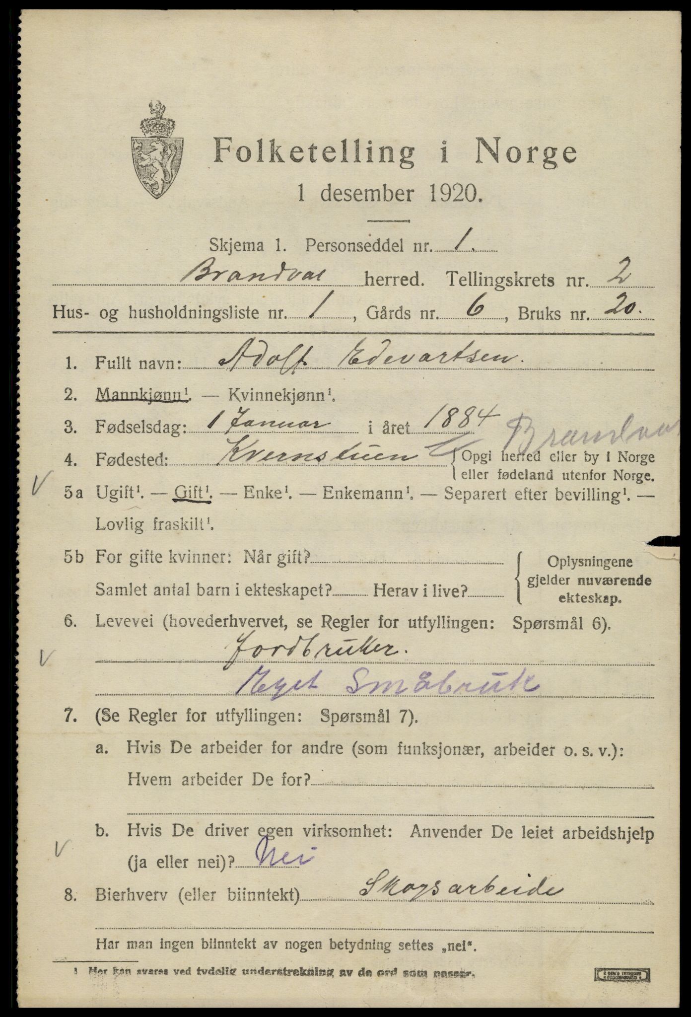 SAH, 1920 census for Brandval, 1920, p. 2126