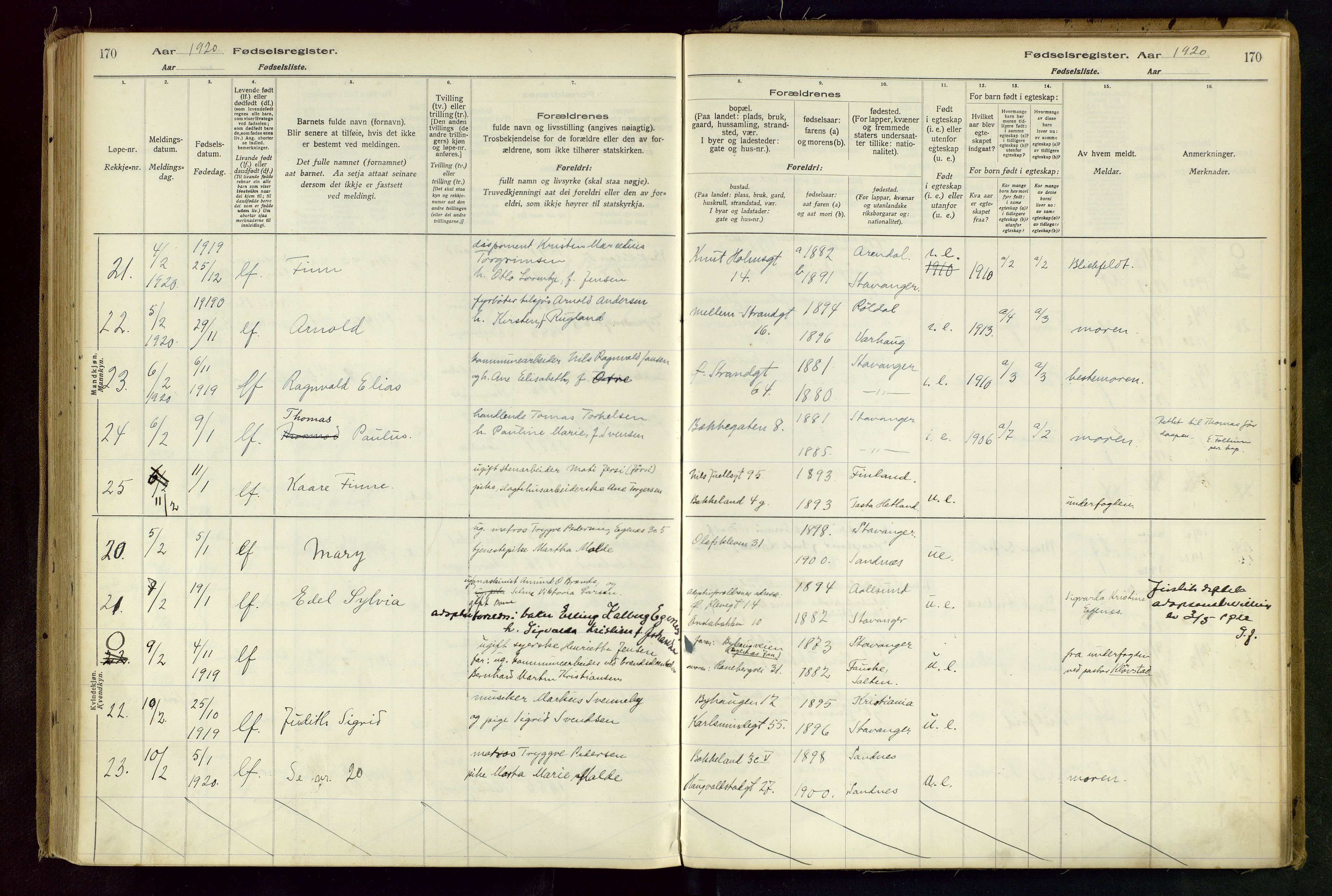 Domkirken sokneprestkontor, AV/SAST-A-101812/002/B/L0001: Birth register no. 1, 1916-1920, p. 170