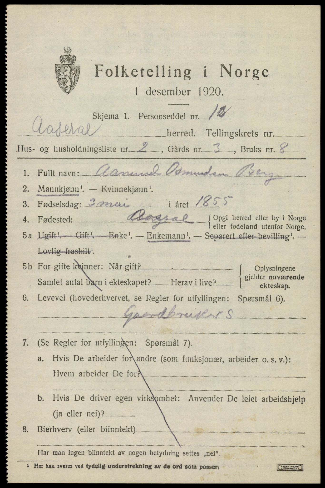 SAK, 1920 census for Åseral, 1920, p. 1212