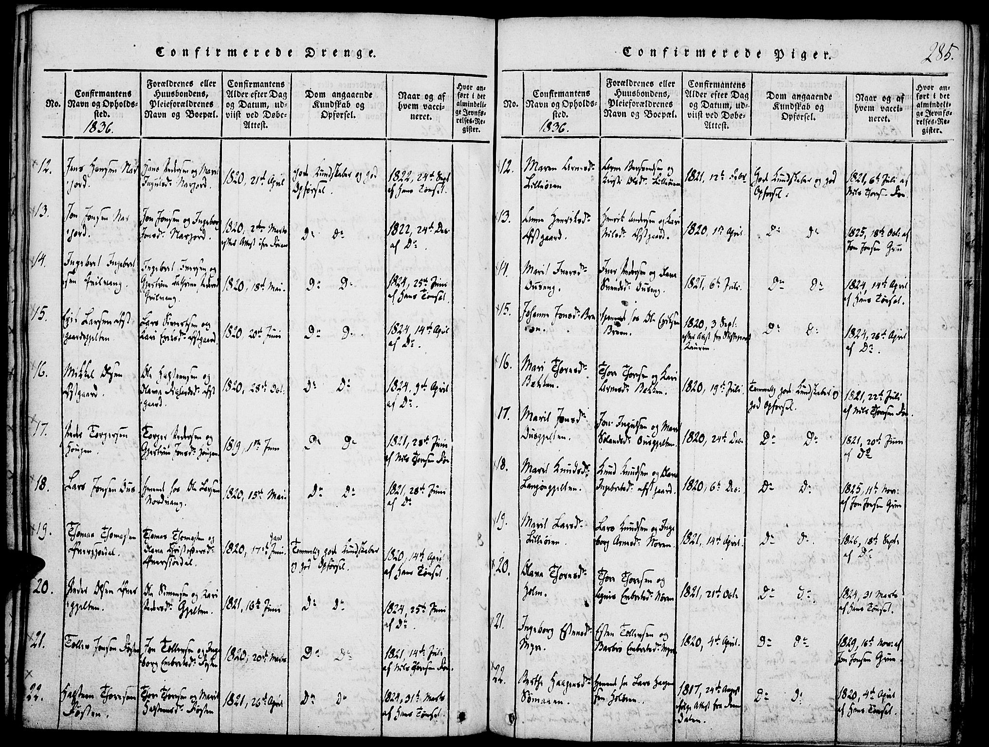 Tolga prestekontor, SAH/PREST-062/K/L0004: Parish register (official) no. 4, 1815-1836, p. 285