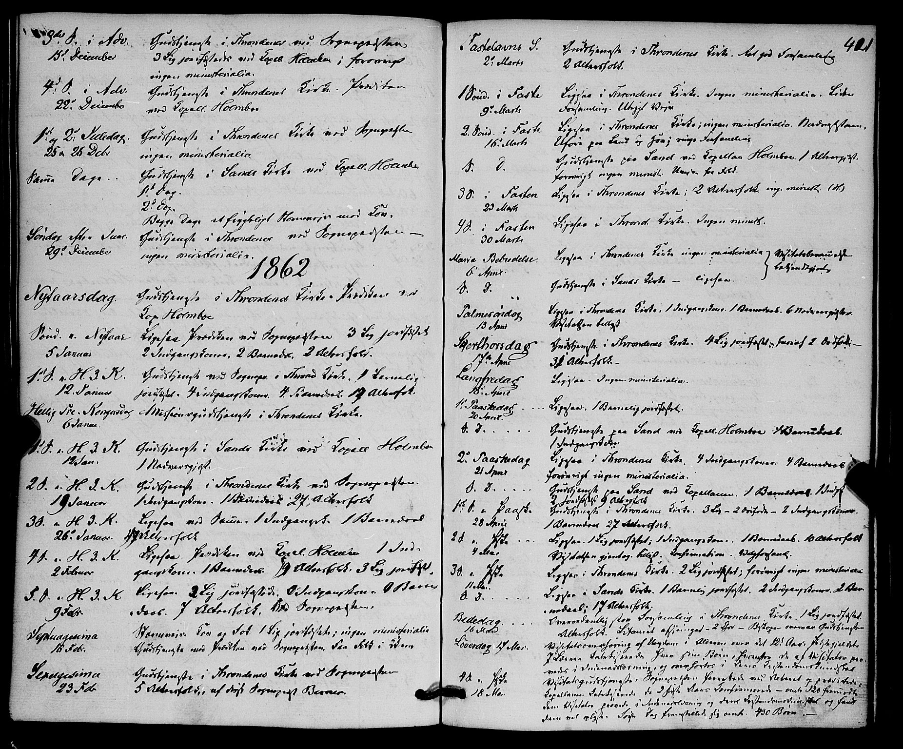 Trondenes sokneprestkontor, AV/SATØ-S-1319/H/Ha/L0011kirke: Parish register (official) no. 11, 1853-1862, p. 421