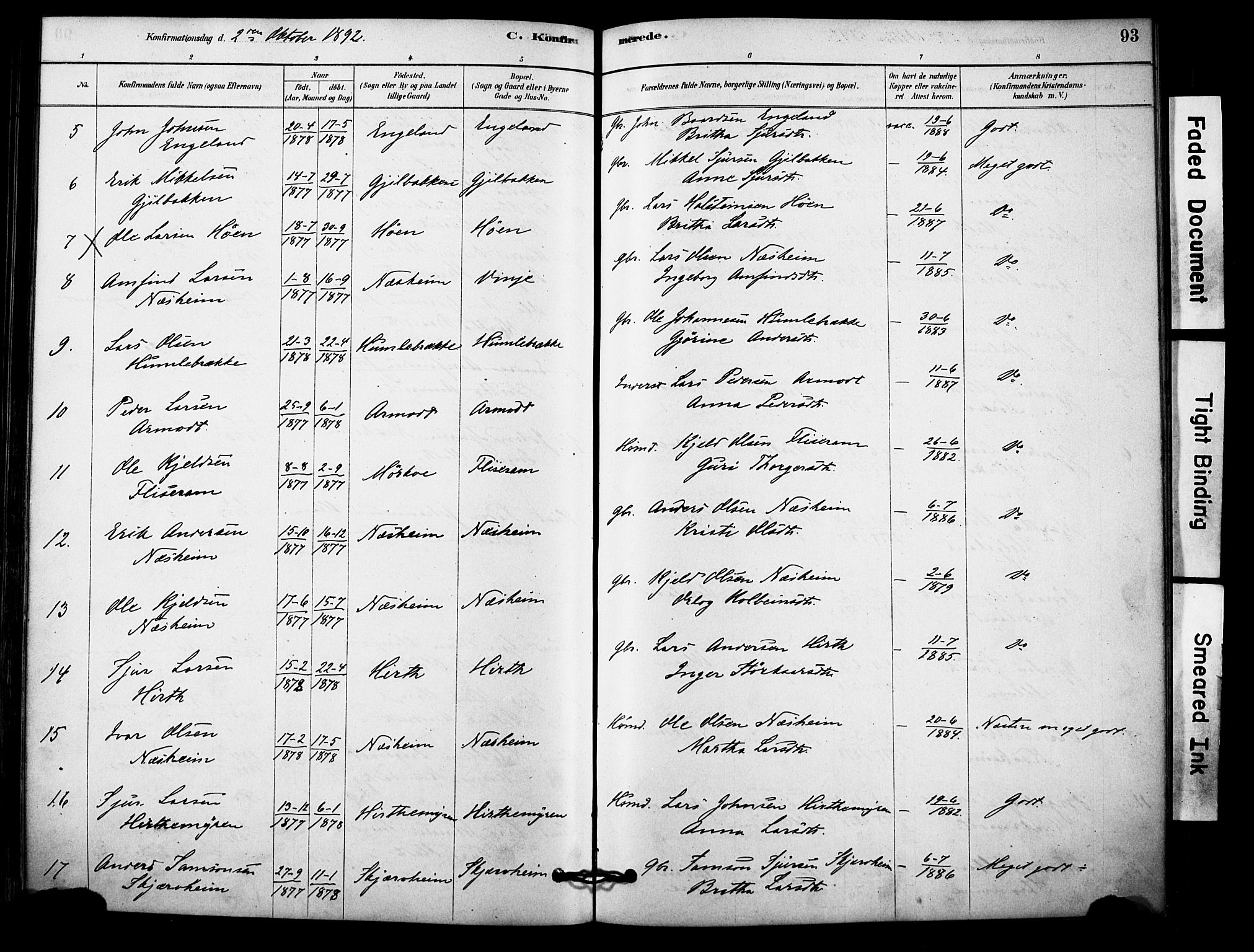 Vossestrand Sokneprestembete, AV/SAB-A-79101/H/Haa: Parish register (official) no. C 1, 1878-1903, p. 93