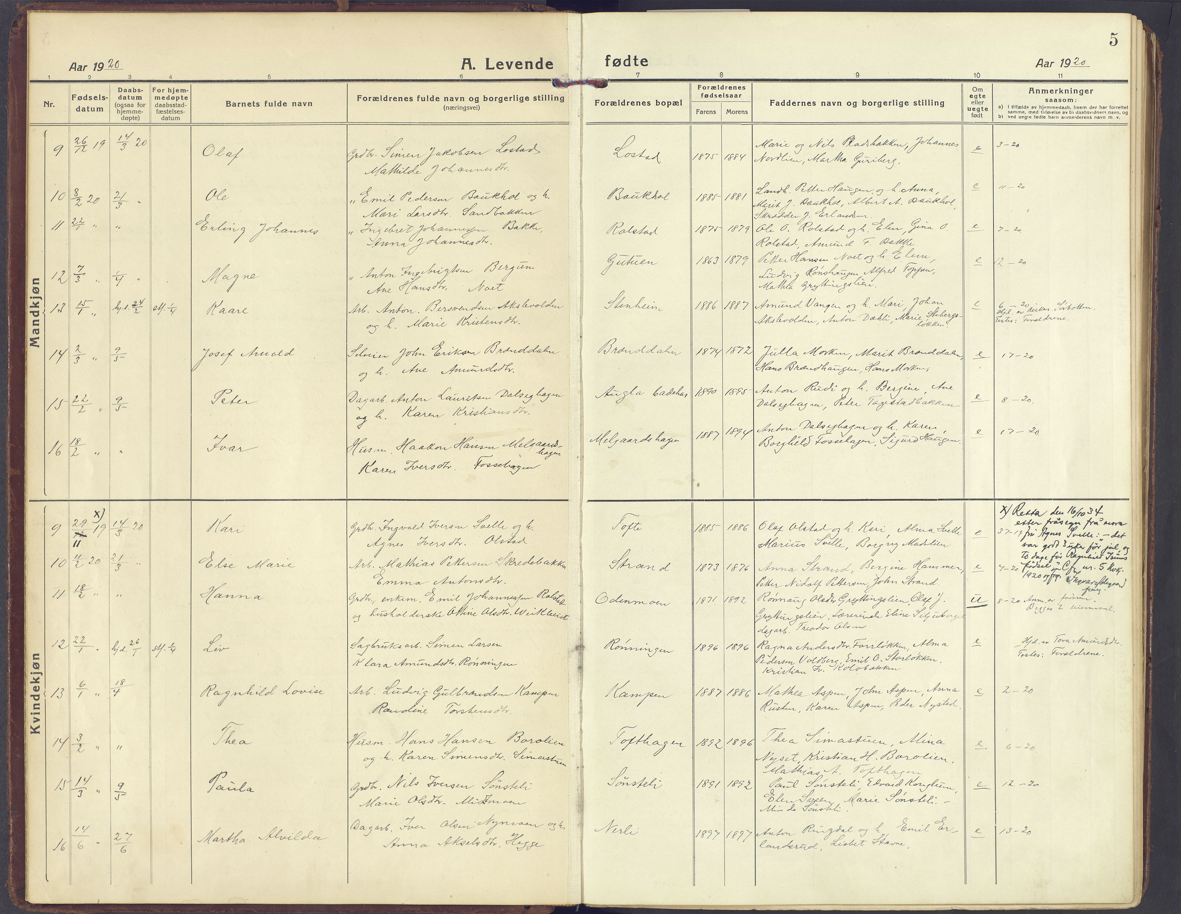 Sør-Fron prestekontor, AV/SAH-PREST-010/H/Ha/Haa/L0005: Parish register (official) no. 5, 1920-1933, p. 5