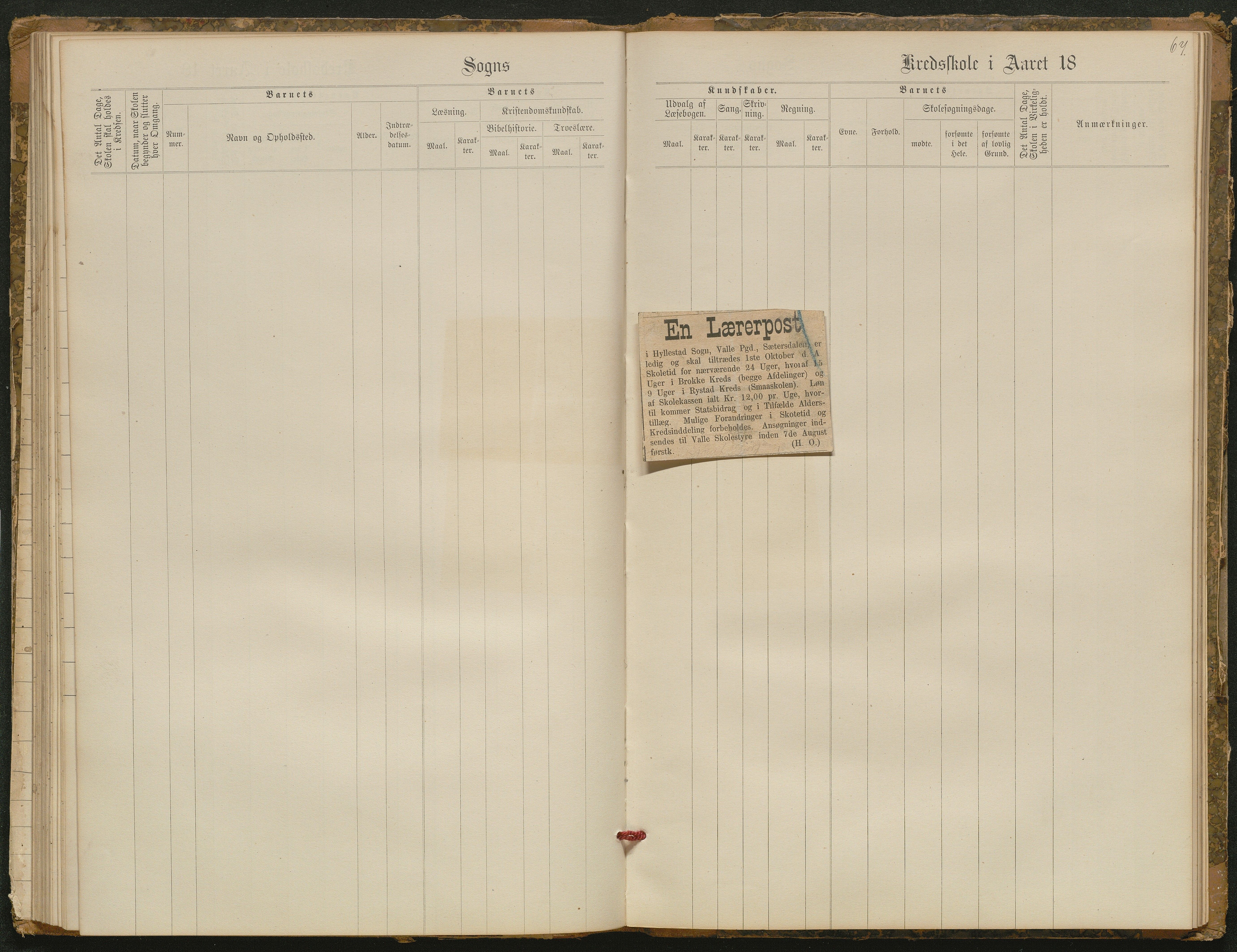 Hylestad kommune, AAKS/KA0939-PK/03/03b/L0021: Karakterprotokoll for Brokke skule. Karakterprotokoll for Rysstad og Haugen skule. Karakterprotokoll for Helle skule, 1890-1921, p. 67