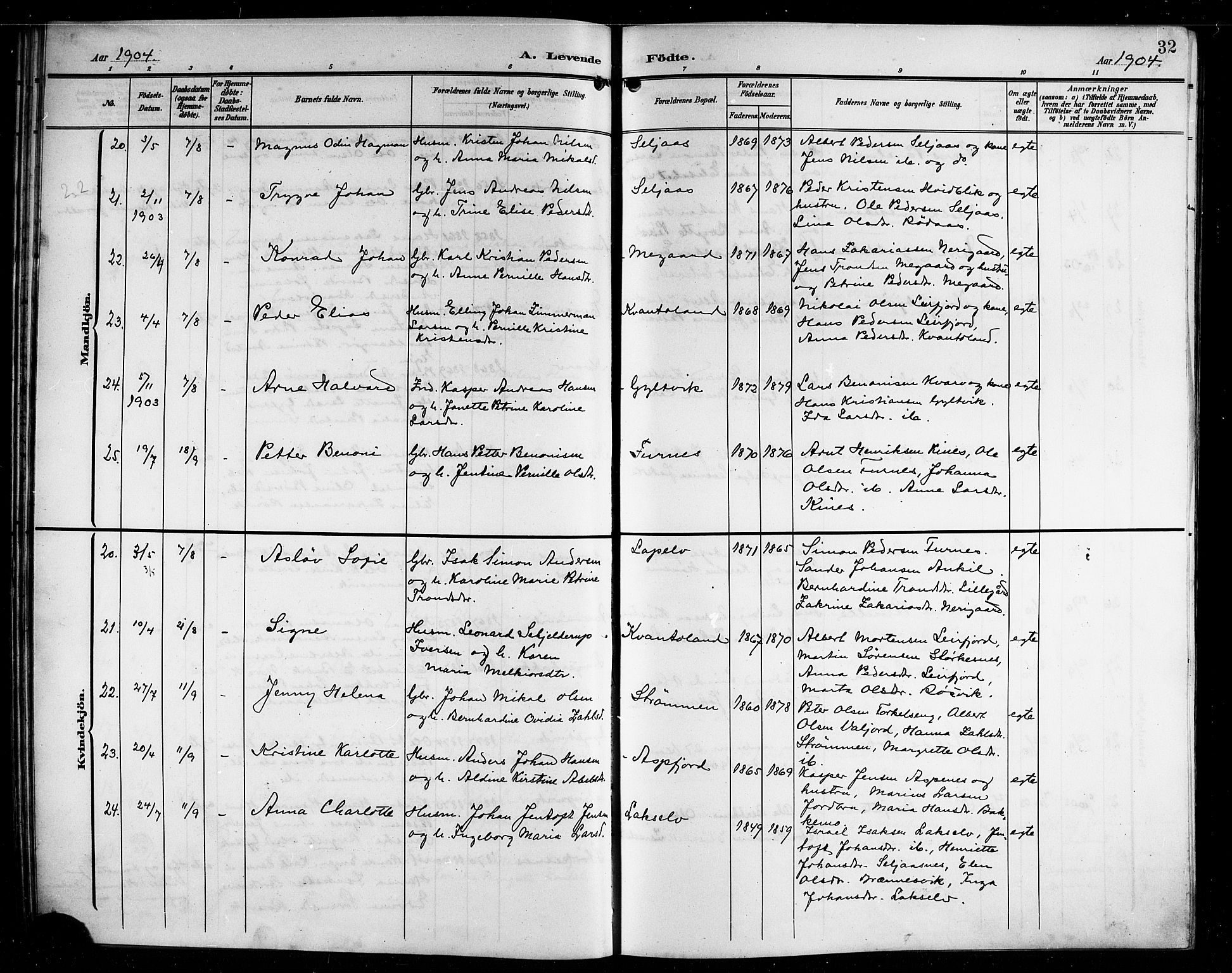 Ministerialprotokoller, klokkerbøker og fødselsregistre - Nordland, AV/SAT-A-1459/854/L0786: Parish register (copy) no. 854C02, 1901-1912, p. 32