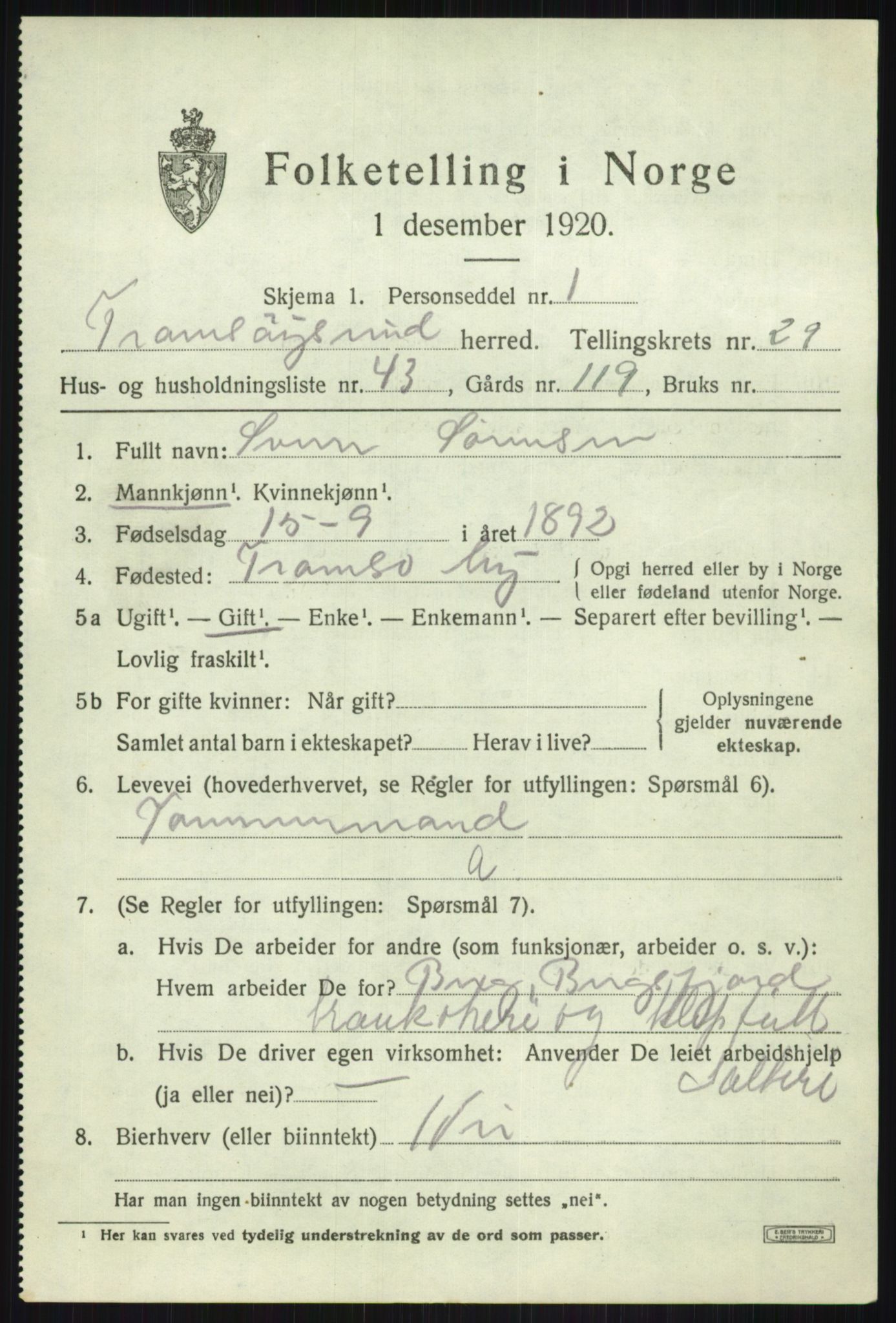 SATØ, 1920 census for Tromsøysund, 1920, p. 13866