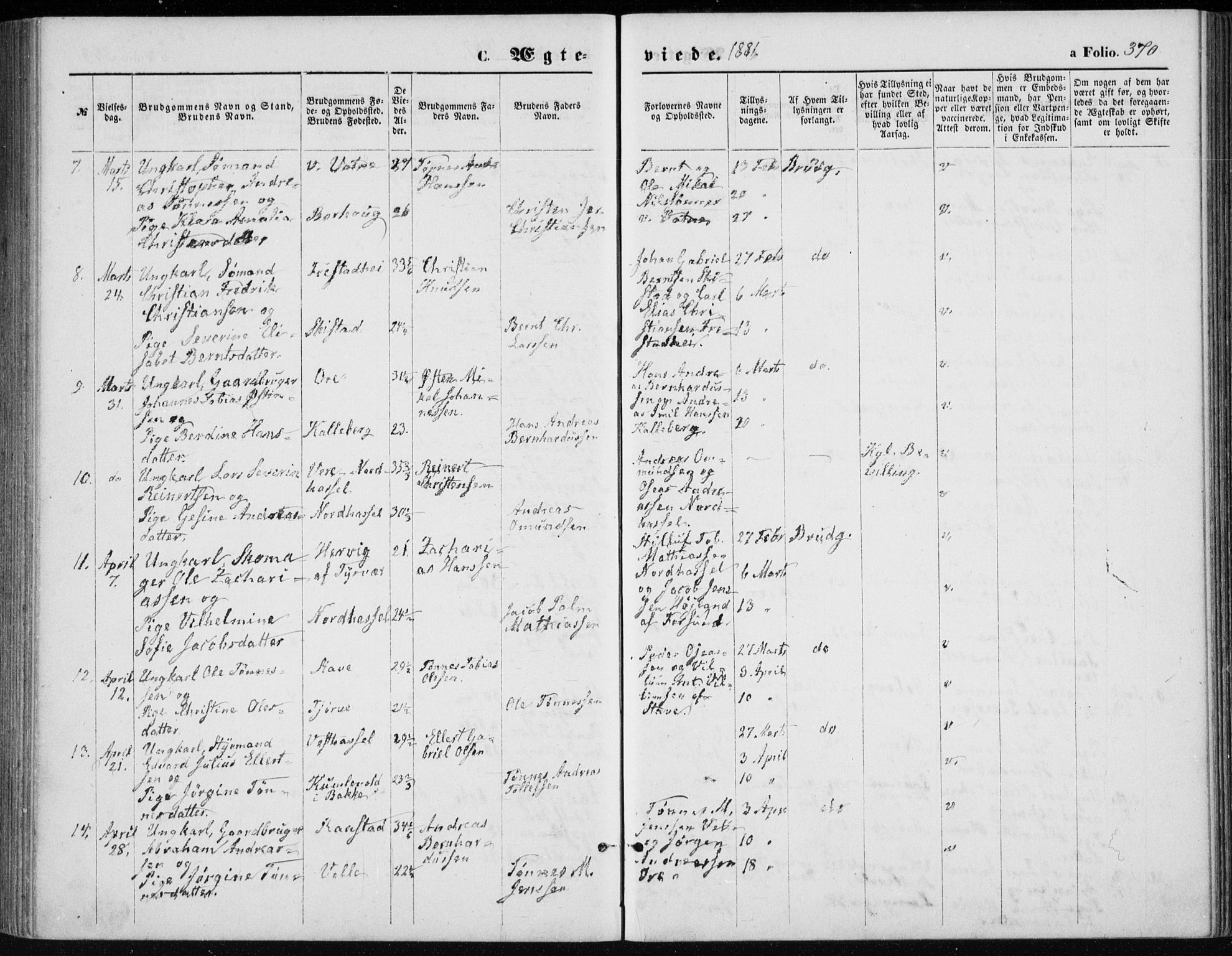 Lista sokneprestkontor, AV/SAK-1111-0027/F/Fb/L0004: Parish register (copy) no. B 4, 1877-1891, p. 370