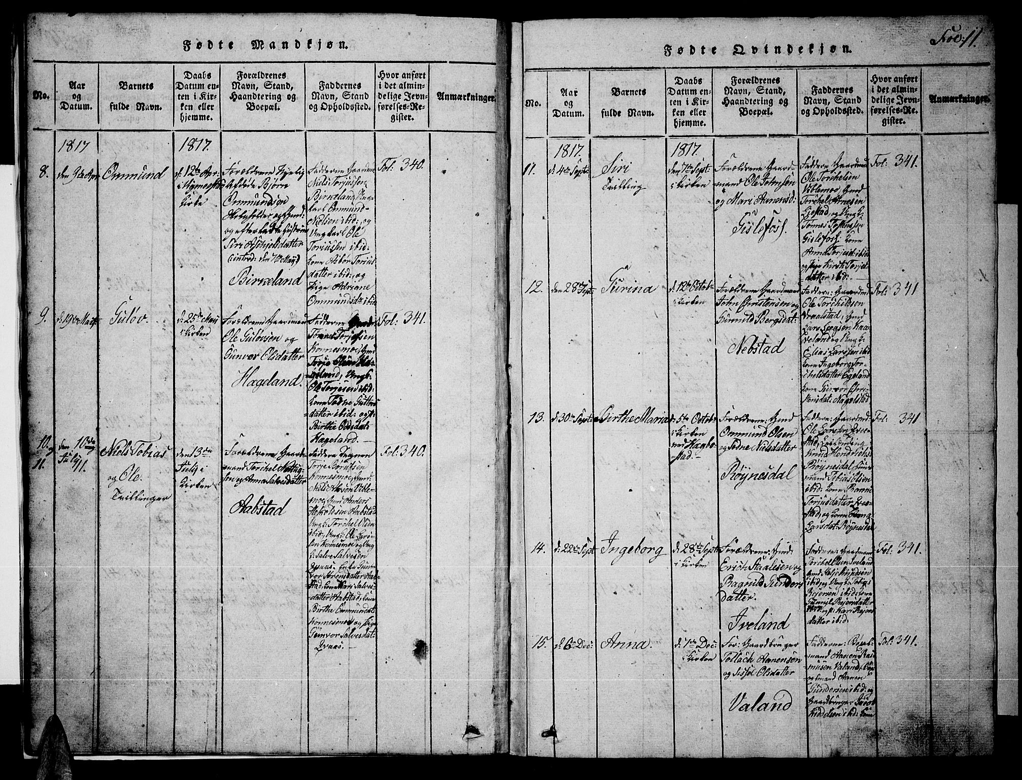 Nord-Audnedal sokneprestkontor, AV/SAK-1111-0032/F/Fb/Fba/L0001: Parish register (copy) no. B 1, 1815-1856, p. 11