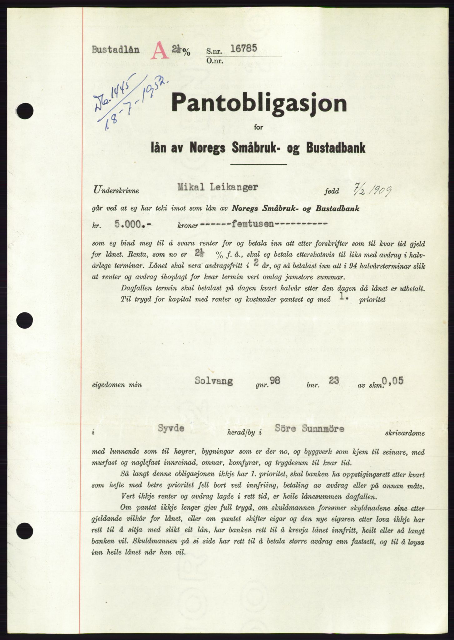 Søre Sunnmøre sorenskriveri, AV/SAT-A-4122/1/2/2C/L0121: Mortgage book no. 9B, 1951-1952, Diary no: : 1445/1952