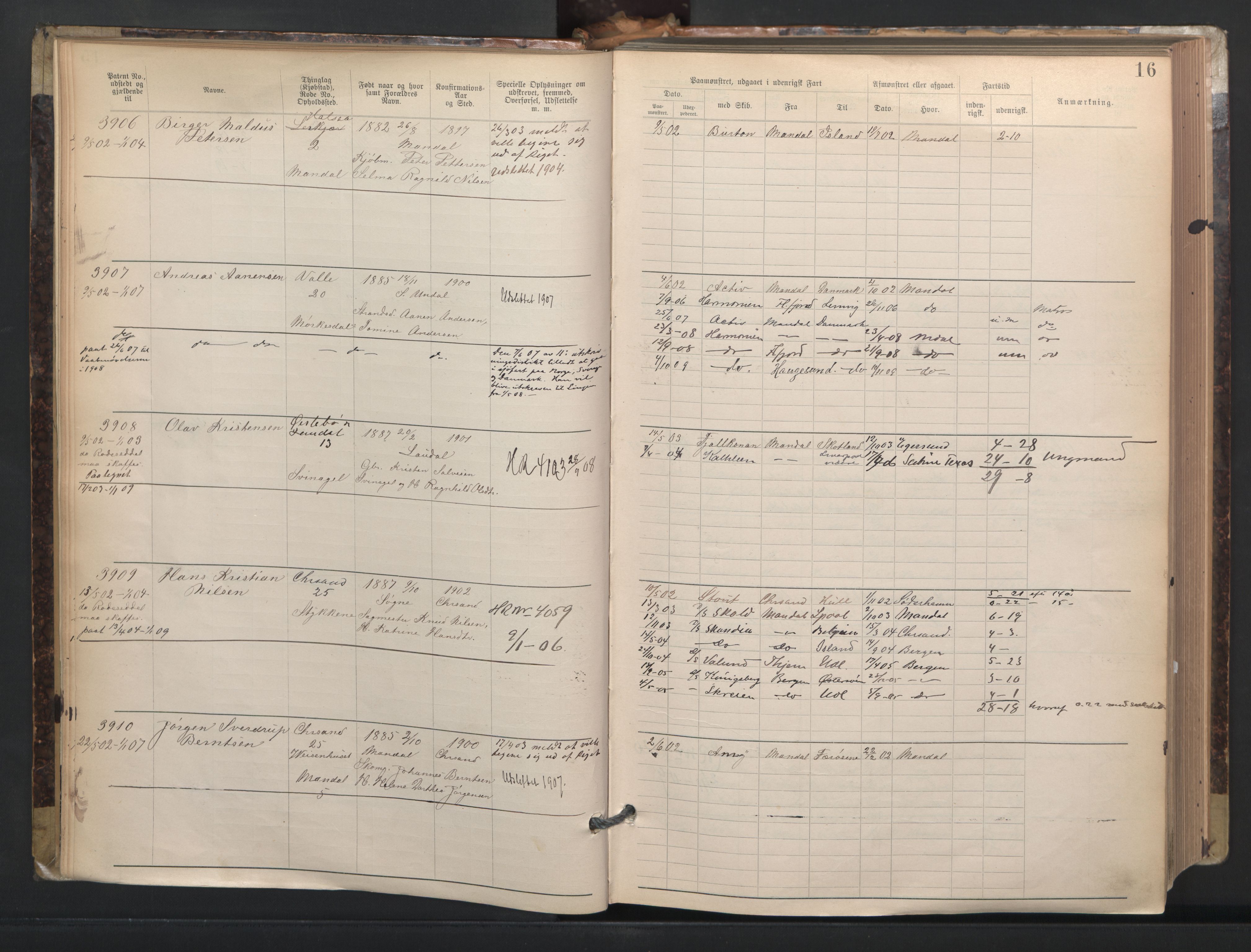 Mandal mønstringskrets, AV/SAK-2031-0016/F/Fa/L0003: Annotasjonsrulle nr 3831-4730 med register, L-5, 1900-1948, p. 40