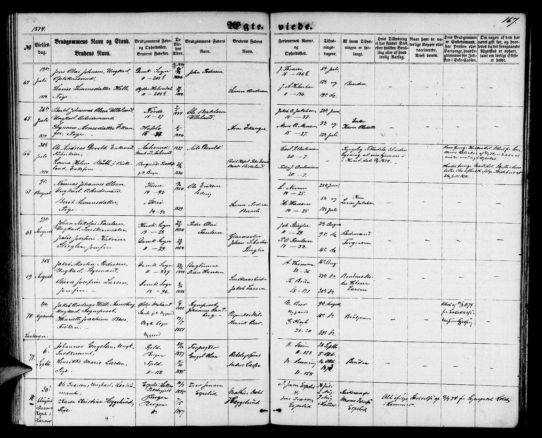 Domkirken sokneprestembete, AV/SAB-A-74801/H/Hab/L0030: Parish register (copy) no. D 2, 1857-1876, p. 167