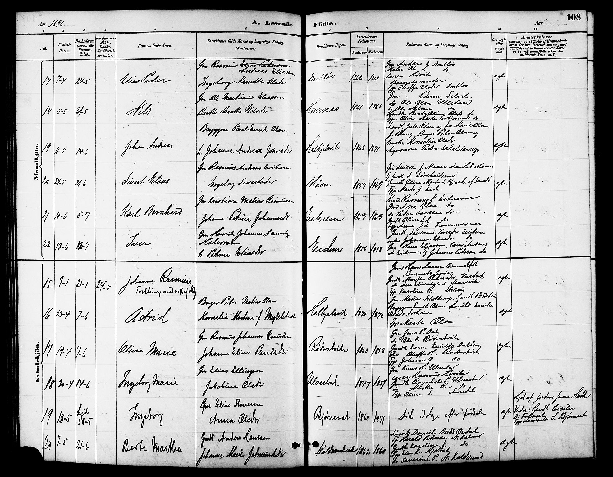 Ministerialprotokoller, klokkerbøker og fødselsregistre - Møre og Romsdal, AV/SAT-A-1454/511/L0158: Parish register (copy) no. 511C04, 1884-1903, p. 108