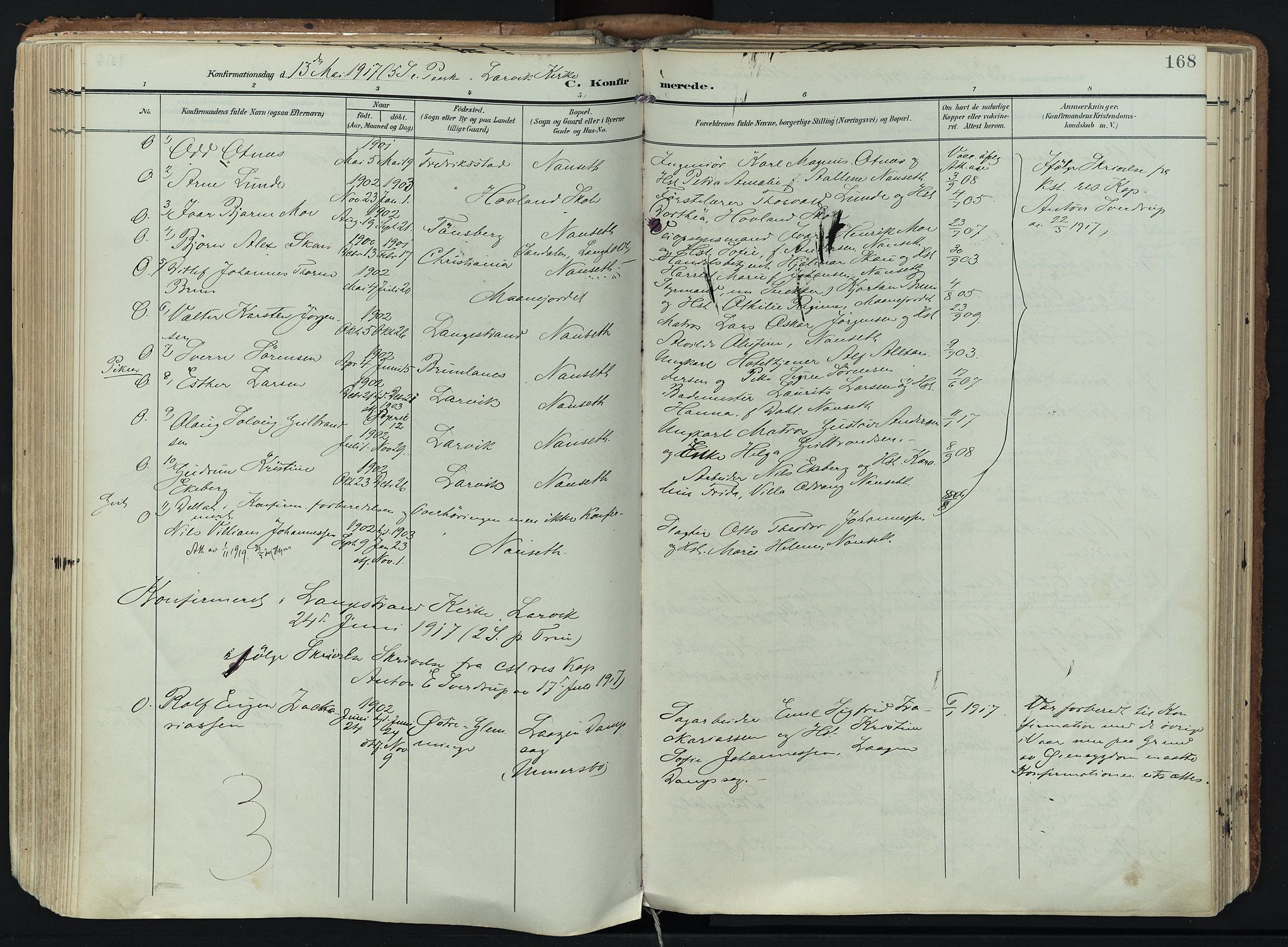 Hedrum kirkebøker, SAKO/A-344/F/Fa/L0010: Parish register (official) no. I 10, 1904-1918, p. 168