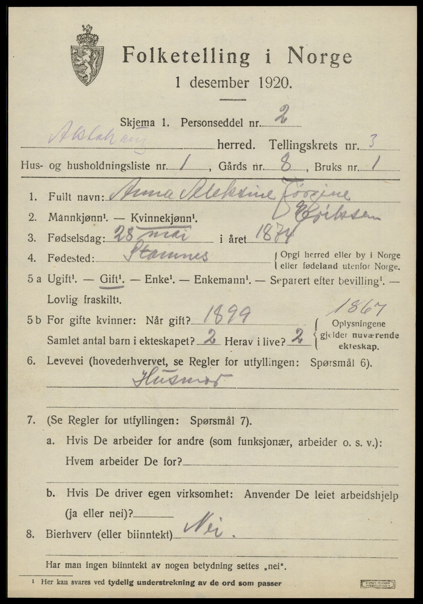SAT, 1920 census for Alstahaug, 1920, p. 1243