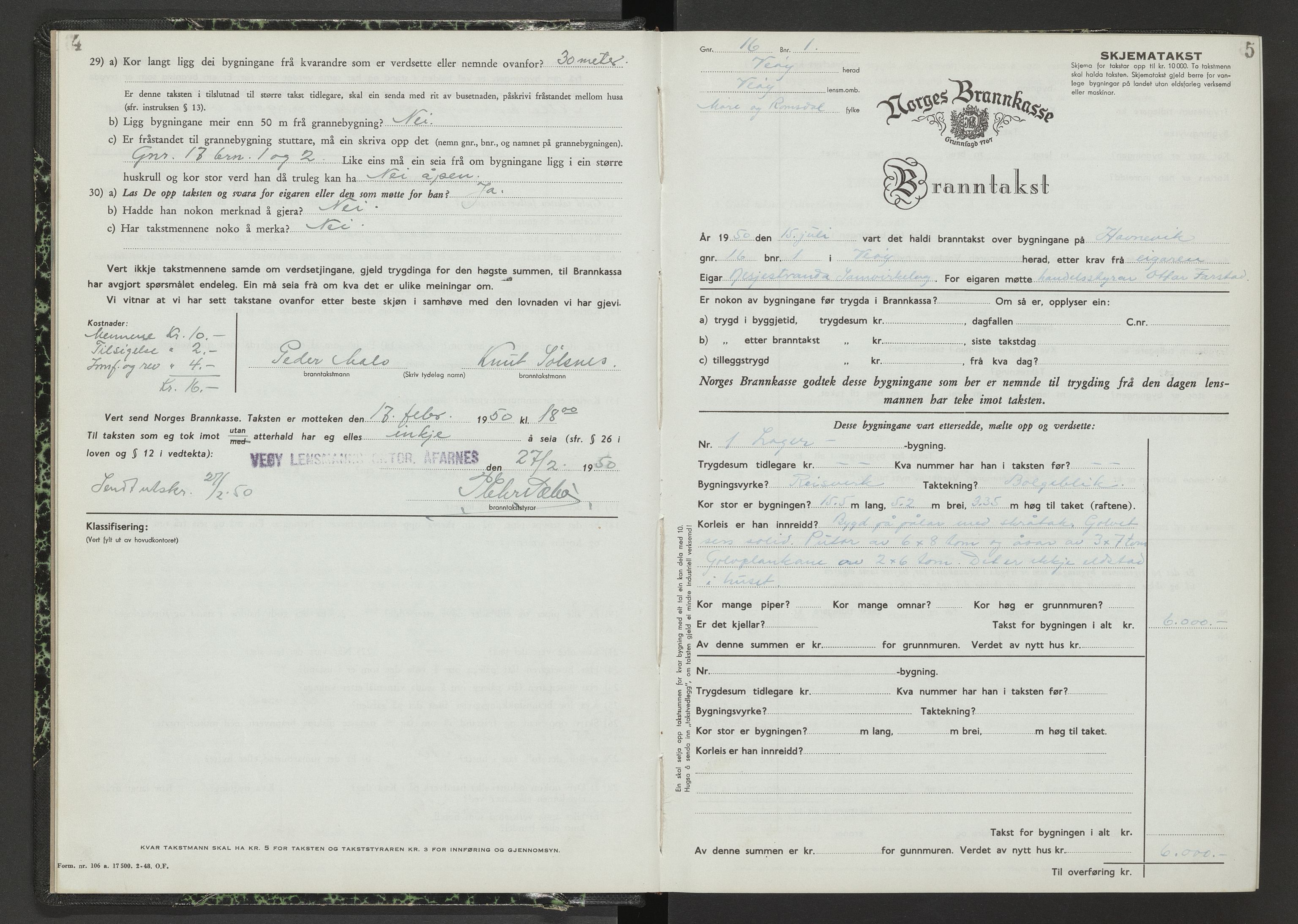 Norges Brannkasse Veøy, AV/SAT-A-5500/Fb/L0002: Branntakstprotokoll, 1950-1955, p. 4-5