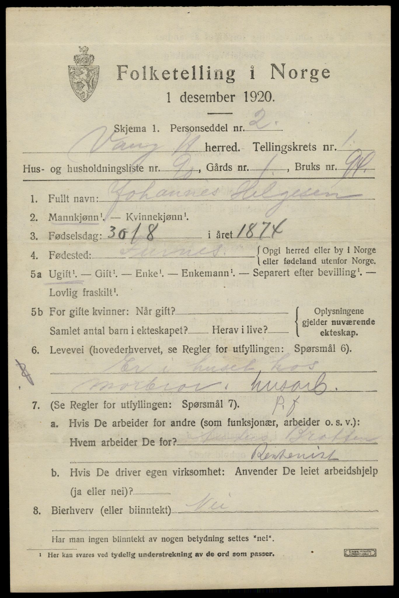 SAH, 1920 census for Vang (Hedmark), 1920, p. 4207