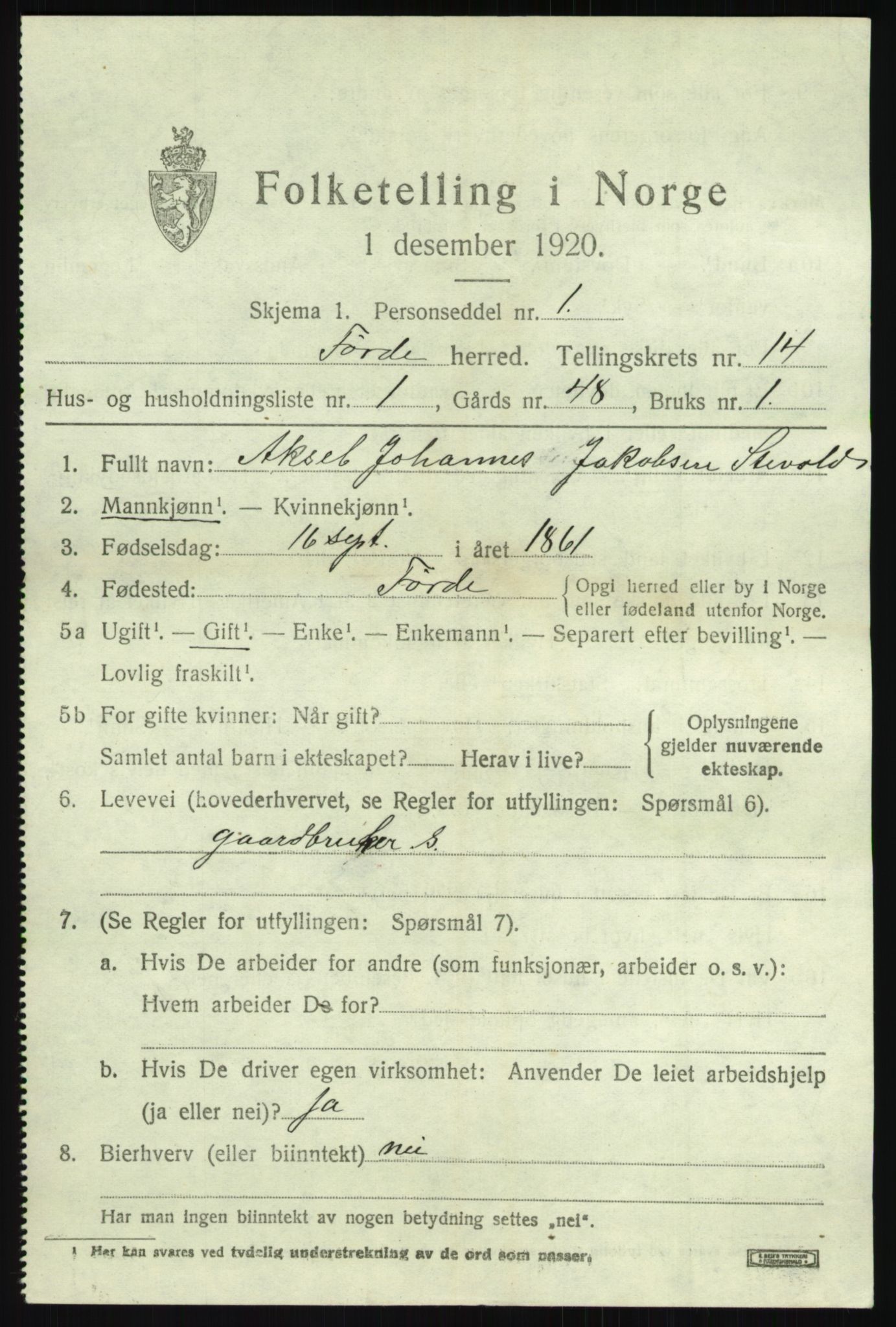 SAB, 1920 census for Førde, 1920, p. 4862