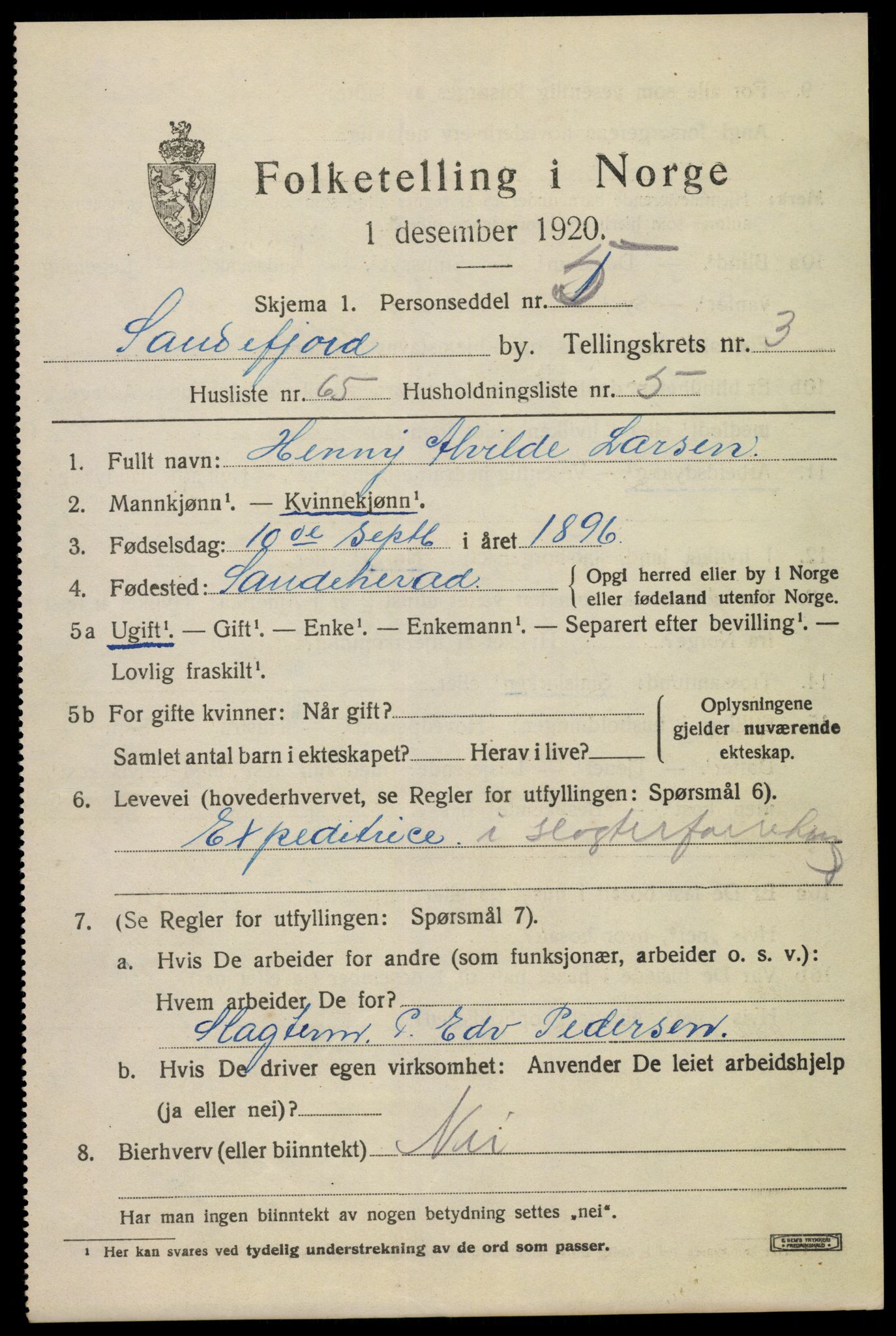 SAKO, 1920 census for Sandefjord, 1920, p. 7408