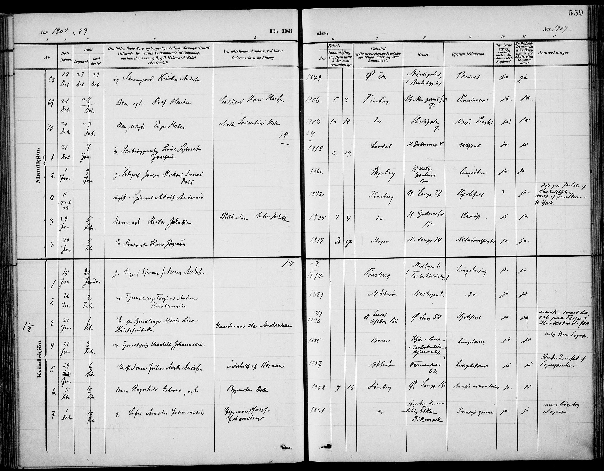 Tønsberg kirkebøker, AV/SAKO-A-330/F/Fa/L0013: Parish register (official) no. I 13, 1900-1913, p. 559