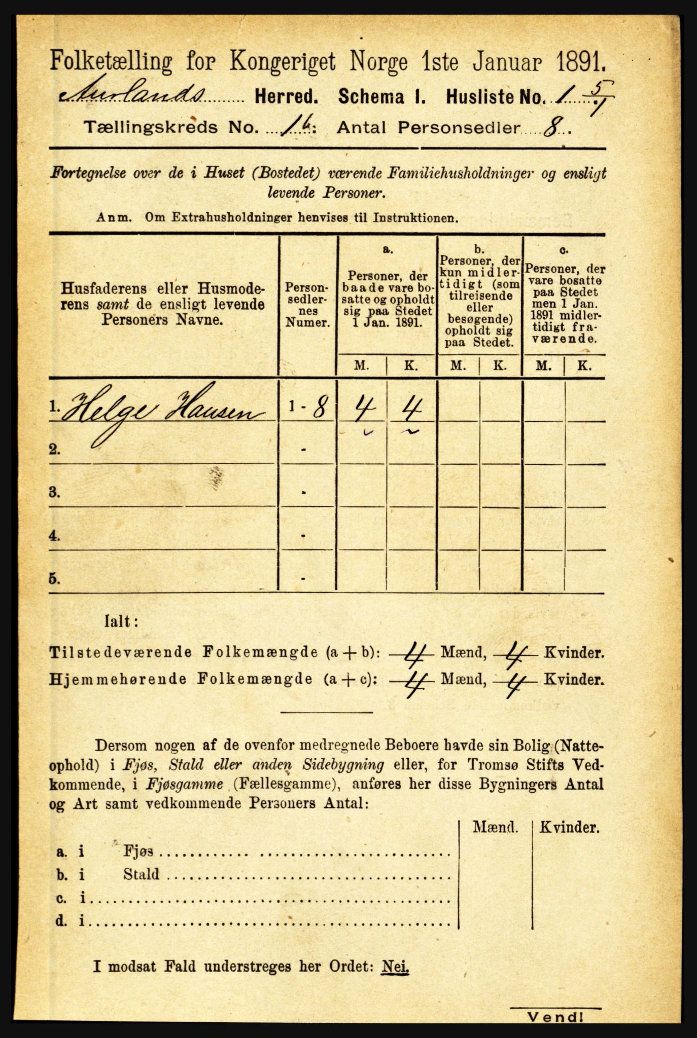 RA, 1891 census for 1421 Aurland, 1891, p. 107