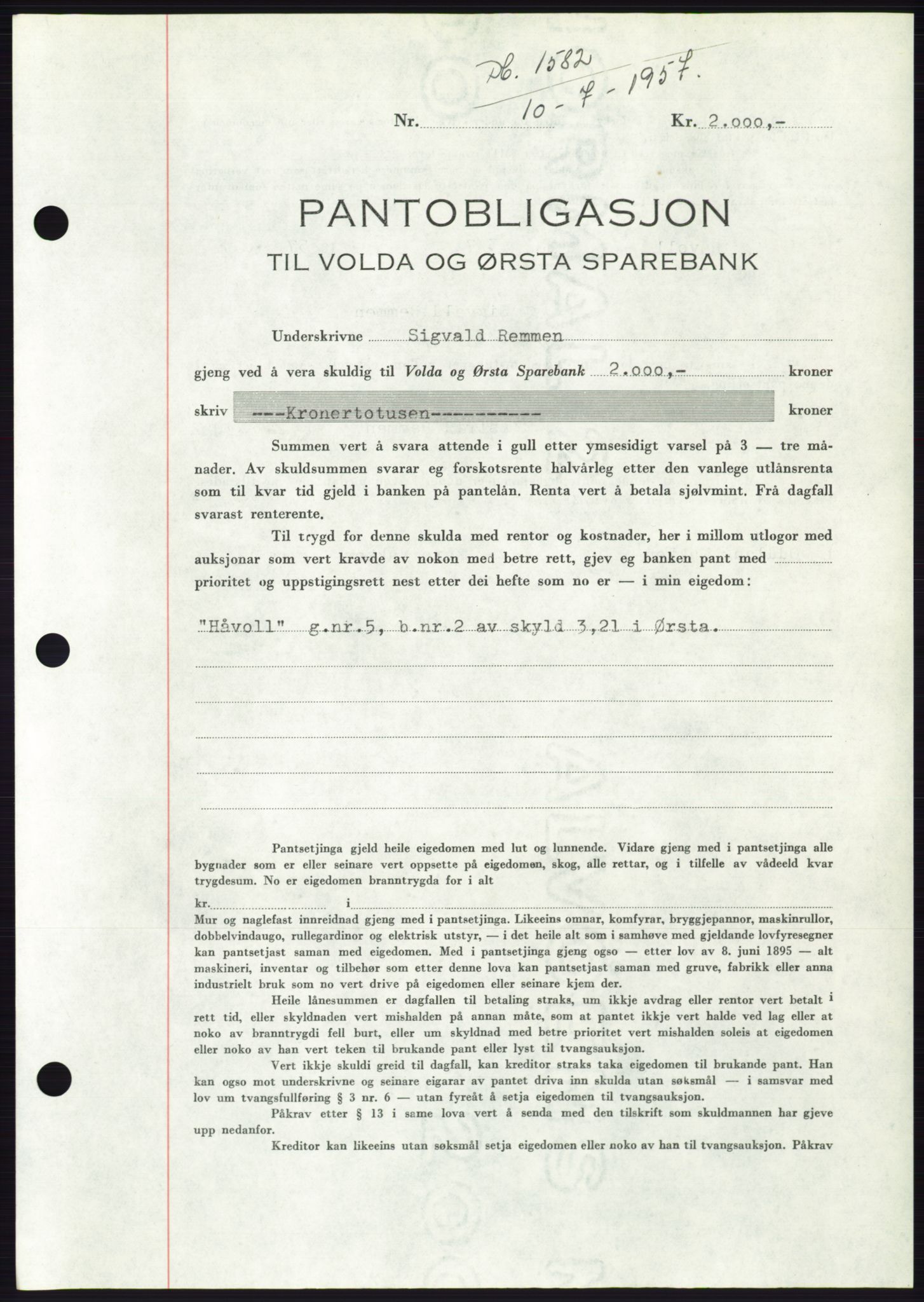 Søre Sunnmøre sorenskriveri, AV/SAT-A-4122/1/2/2C/L0130: Mortgage book no. 18B, 1957-1958, Diary no: : 1582/1957