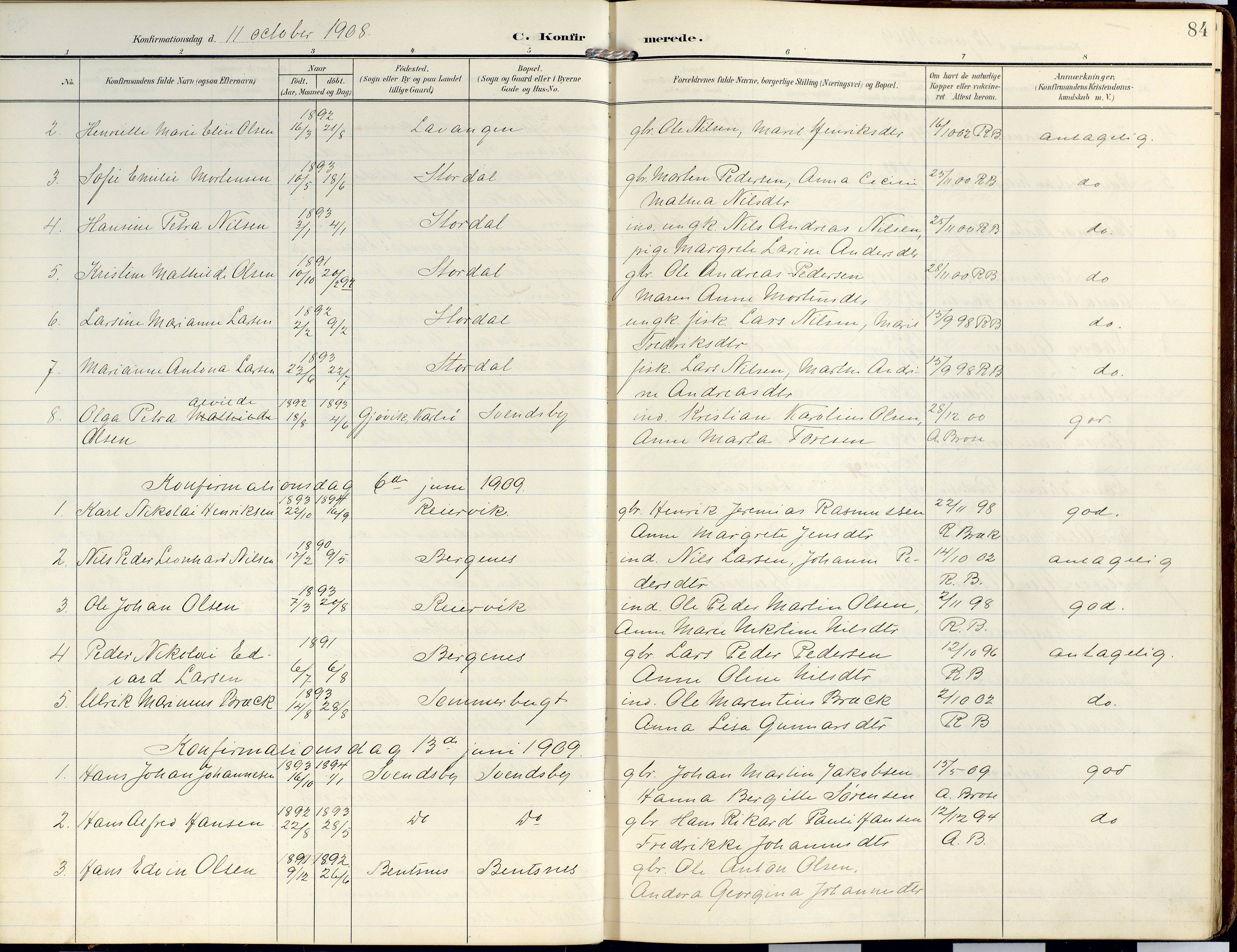 Lyngen sokneprestembete, SATØ/S-1289/H/He/Hea/L0014kirke: Parish register (official) no. 14, 1905-1920, p. 84