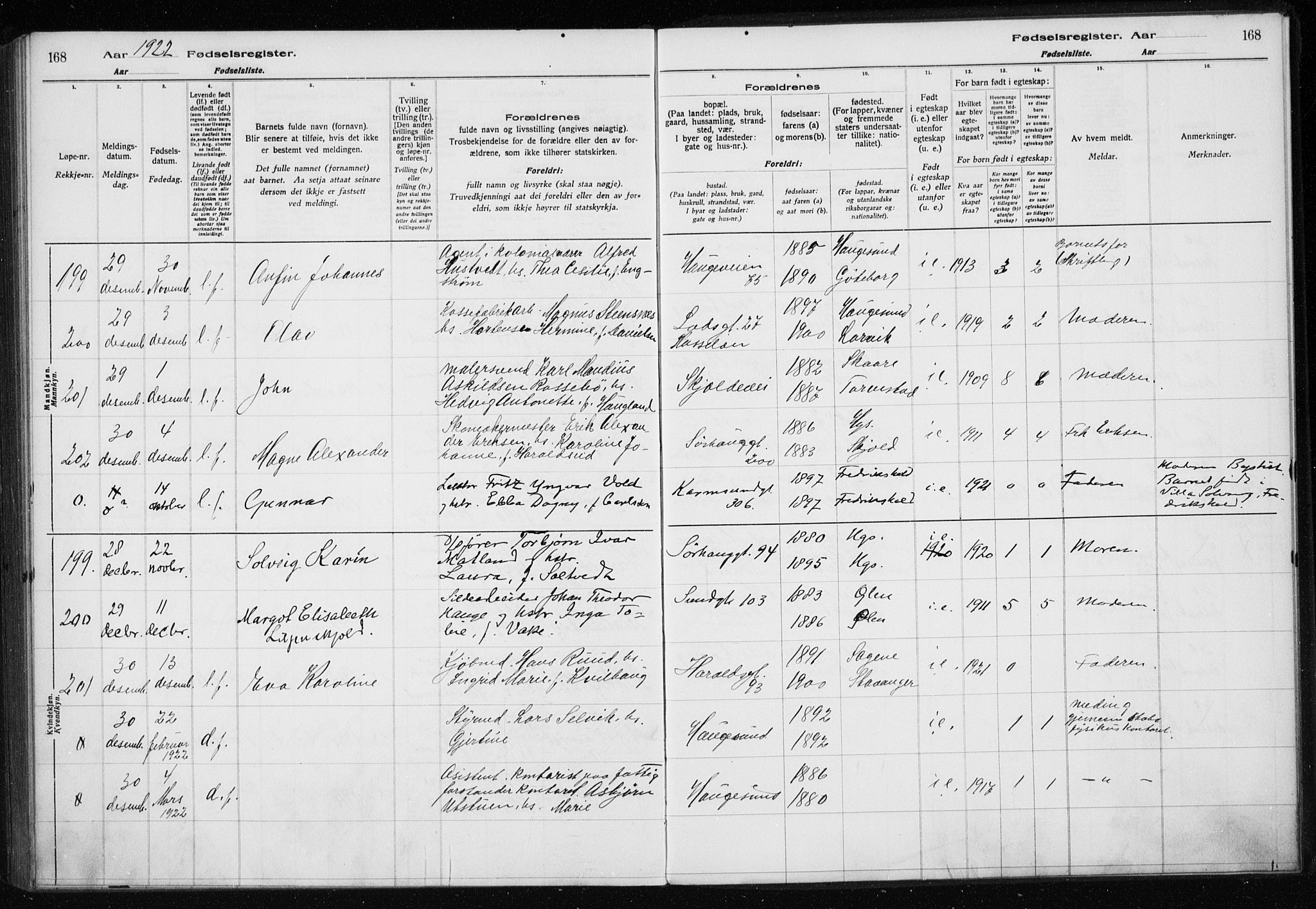 Haugesund sokneprestkontor, AV/SAST-A -101863/I/Id/L0004: Birth register no. 2, 1919-1923, p. 168