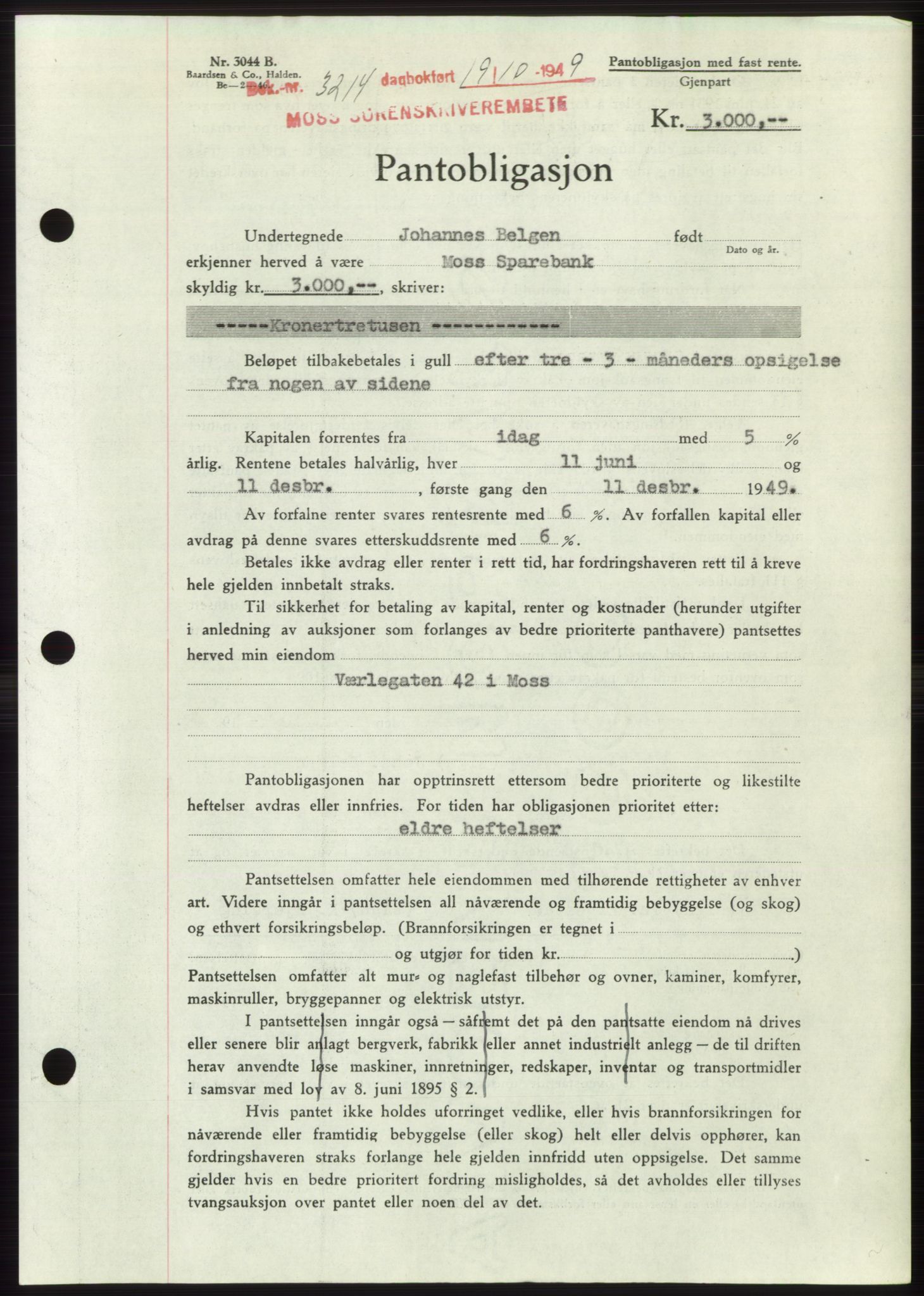 Moss sorenskriveri, SAO/A-10168: Mortgage book no. B23, 1949-1950, Diary no: : 3214/1949